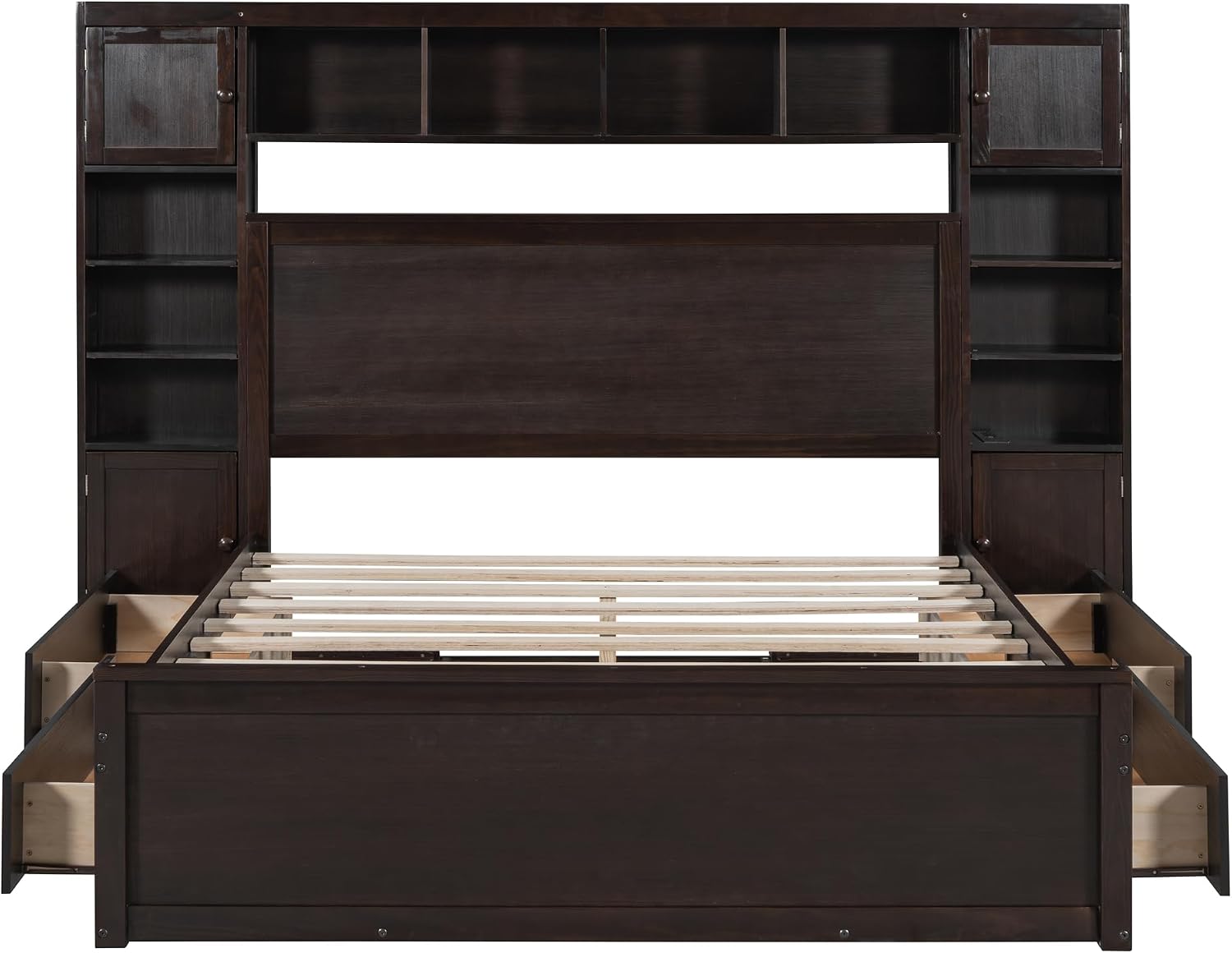 Harper & Bright Designs Queen Storage Bed with Bookcase Headboard, Queen Size Platform Bed with 4 Storage Drawers, Solid Wood Queen Bed Frame with Cabinet and Shelf, No Box Spring Needed (Espresso)