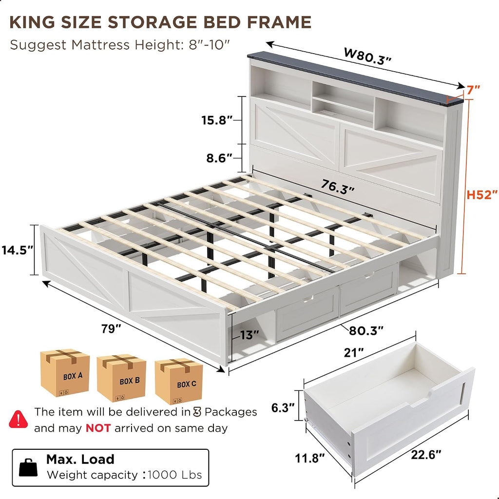 ACCOHOHO Farmhouse King Size Bed Frame with 52' High Storage Bookcase Headboard and 4 Drawers,Wooden Bed Frame with LED Light and Charging Station,White