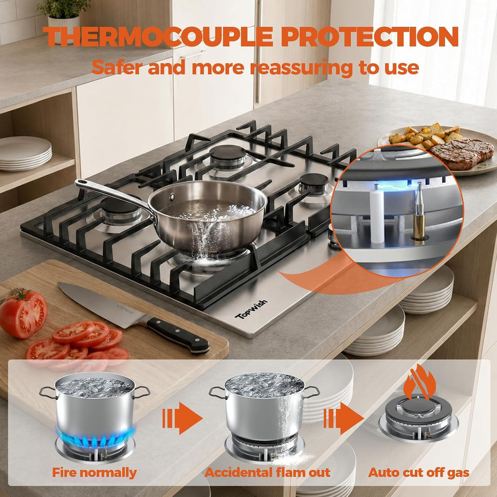 TOPWISH 24 Inch Gas Cooktop, Propane Stove Top with 4 Burners 27,400 BTU, NG/LPG Convertible Built-in Stainless Steel Stovetop with Thermocouple Protection for Kitchen, Apartments, RV