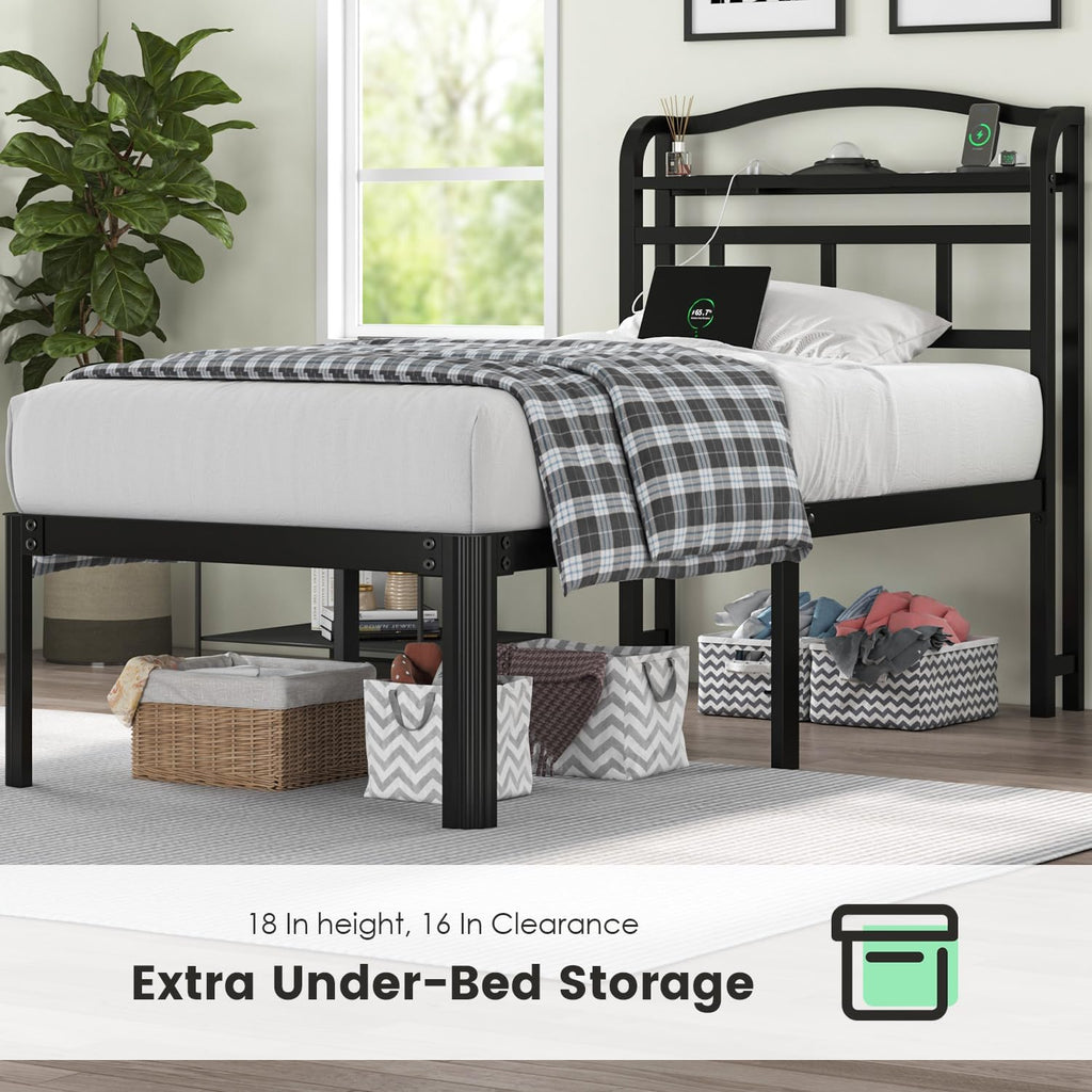 QEROMY Twin XL Bed Frame - Storage Headboard with Galaxy Aurora Star Projector & Charging Station, 18 inch Heavy Duty Metal Bed Frame No Box Spring Needed, Easy Assembly