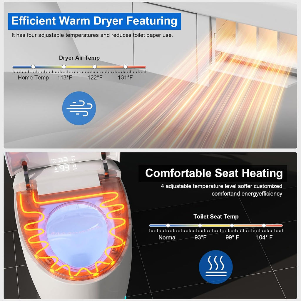 Smart Toilet with Bidet Built-in, Foam Shield Anti-Splash, Auto Open/Close Lid & Flush, Tankless One Piece Elongated Toilets with Heated Seat, Instant Warm Water, Air Dryer, Foot Sensor