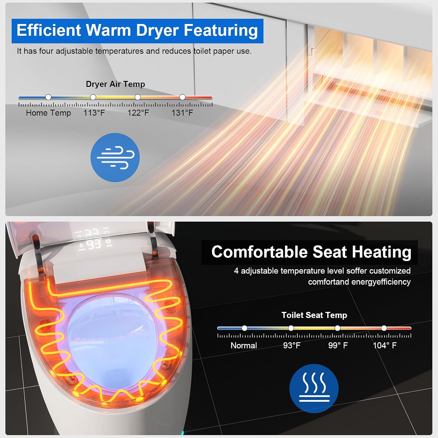 Smart Toilet with Bidet Built-in, Foam Shield Anti-Splash, Auto Open/Close Lid & Flush, Tankless One Piece Elongated Toilets with Heated Seat, Instant Warm Water, Air Dryer, Foot Sensor