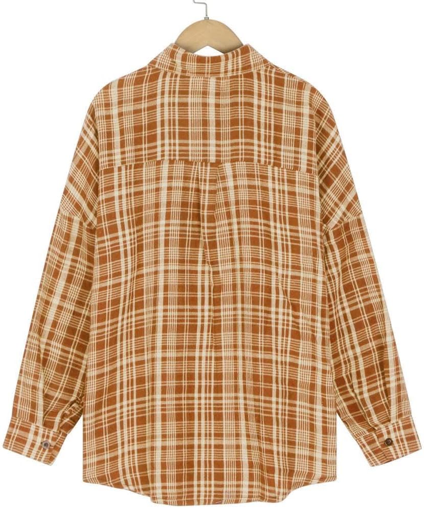 FMCHICO Womens Button Down Flannel Shirts Long Sleeve Plaid Shackets Business Casual Blouse Top