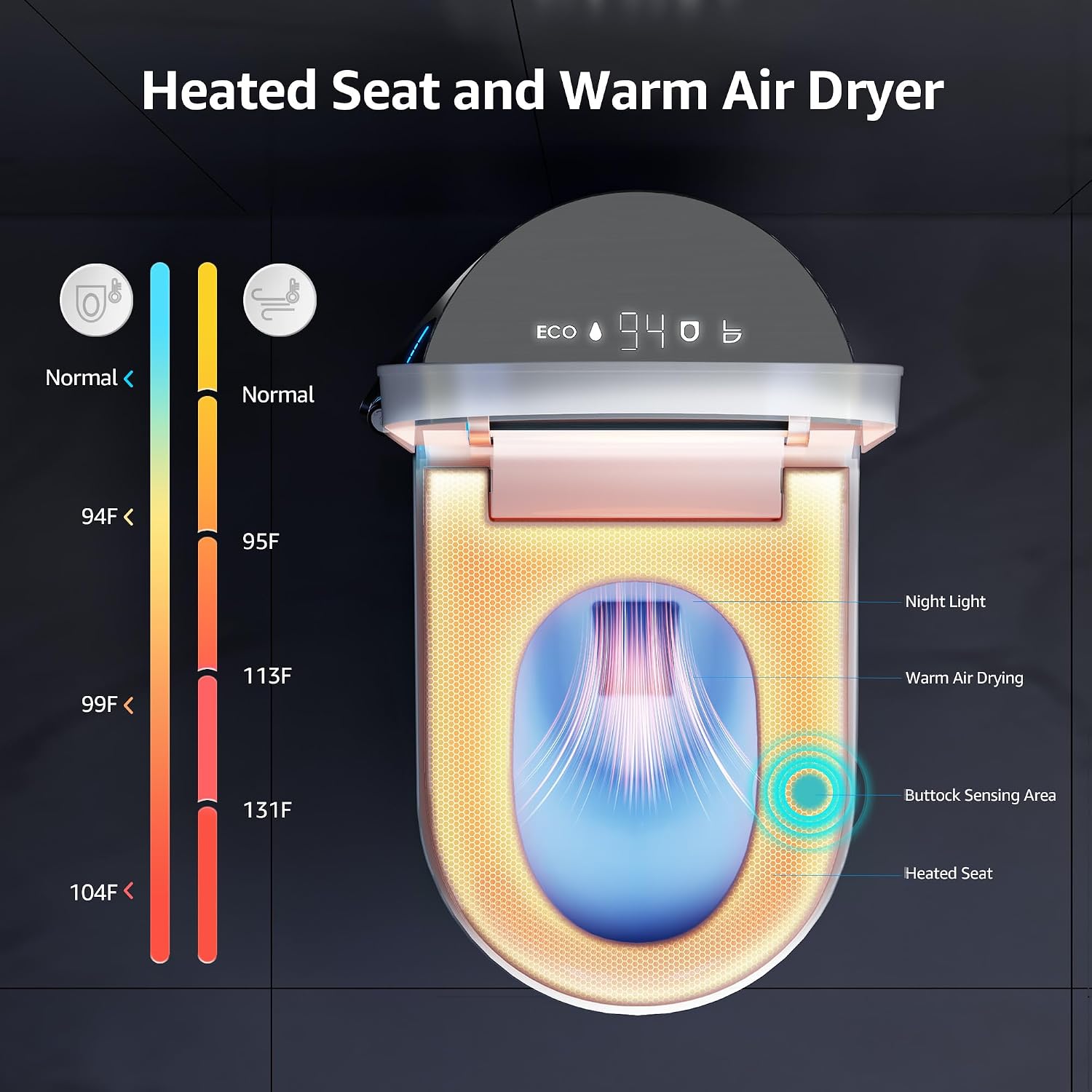 Smart Toilet with Bidet Built-In, Auto Open and Close, Elongated Bidet Toilet with Foot Sensor Flush, Heated Seat, Warm Water, Air Dryer, Foam Shield, Tankless Dual Flush & Remote Control