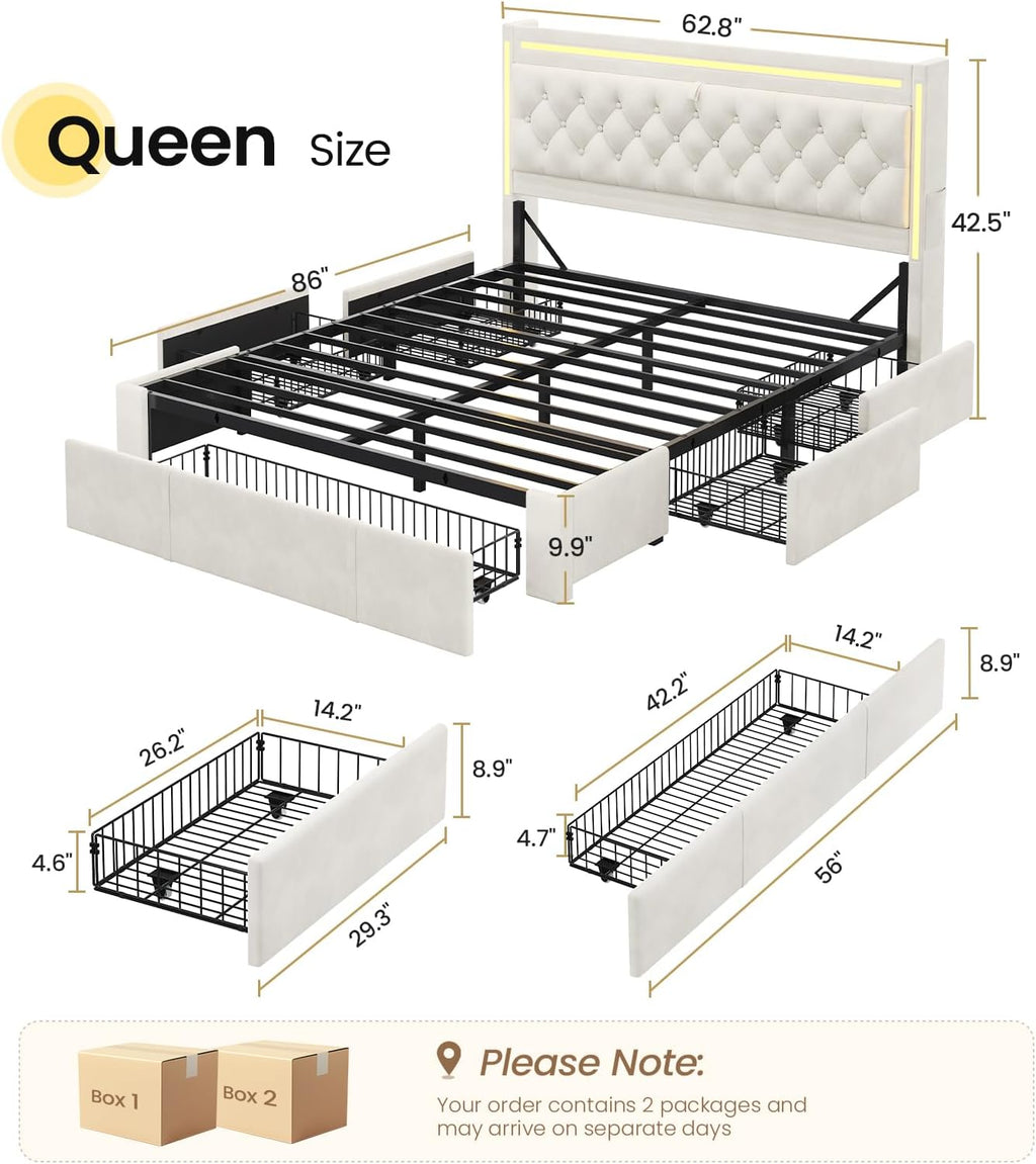 BTHFST Upholstered LED Bed Frame Queen Size with 5 Storage Drawers, Hidden Storage Headboard with Charging Station, Velvet Button Tufted Headboard Platform Bed, Beige