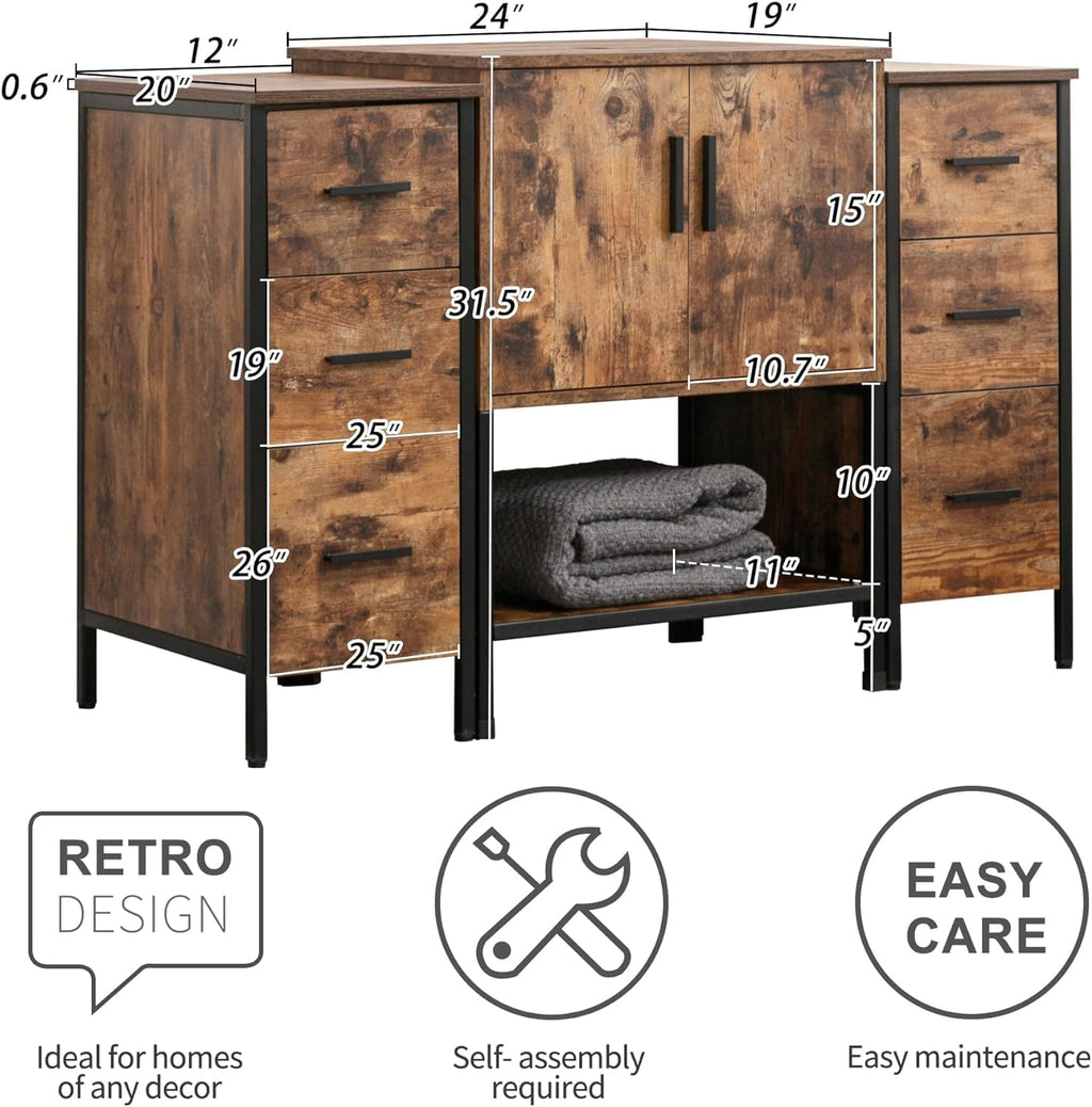 UEV 48' Rustic Brown Bathroom Vanity with Sink Combo,Industrial Iron Frame Bathroom Cabinet Sets with Doulbe 3 Drawers Side Cabinet,Modern Brown Boat Tempered Glass Vessel Sink(029BR)