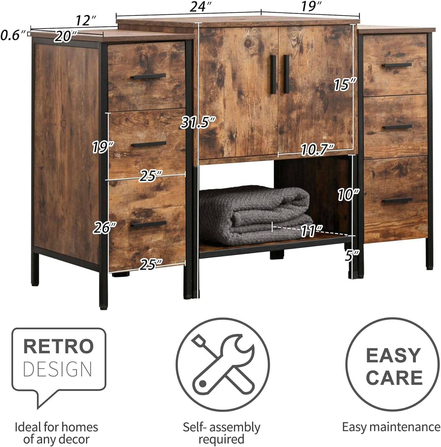 UEV 48' Rustic Brown Bathroom Vanity with Sink Combo,Industrial Iron Frame Bathroom Cabinet Sets with Doulbe 3 Drawers Side Cabinet,Modern Brown Boat Tempered Glass Vessel Sink(029BR)