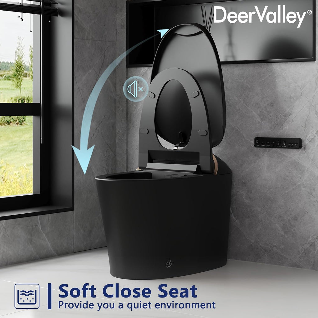 DeerValley Smart Toilet, Tankless Design with Integrated Bidet, Automatic Open/Close Lid, Auto Flush, Heated Seat, Black, Elongated