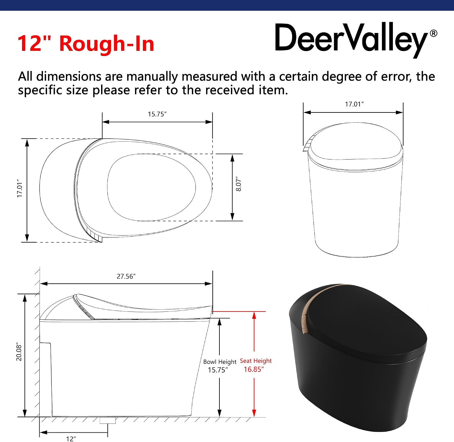 DeerValley Smart Toilet, Tankless Design with Integrated Bidet, Automatic Open/Close Lid, Auto Flush, Heated Seat, Black, Elongated