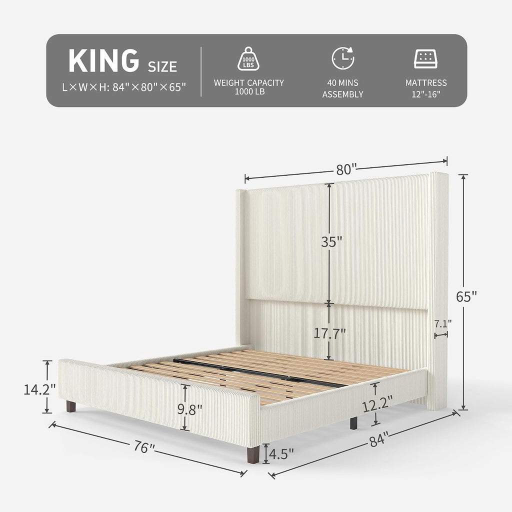 King Size 65.2' Upholstered Bed Frame with USB Charging Station,Soft Washable Corduroy Cover with Wingback Headboard, Solid Wood Legs/Noise-Free/No Box Spring Needed/Beige