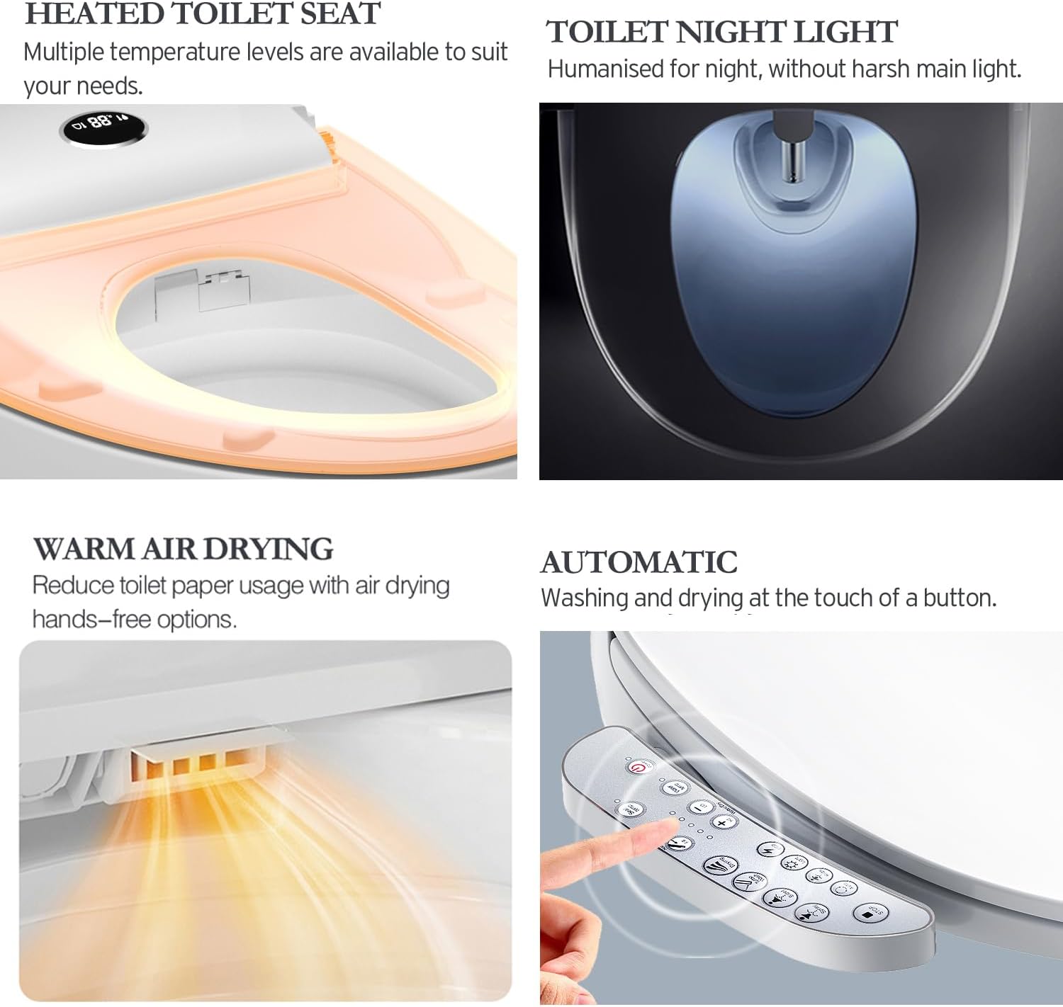 Fixing Side Panel Control Elongated Bidet Toilet Seat with Warm Water Wash, Air Dryer, Heated Seat, LED Display, Self-Cleaning Nozzle, Night Light & Multiple Cleaning Modes