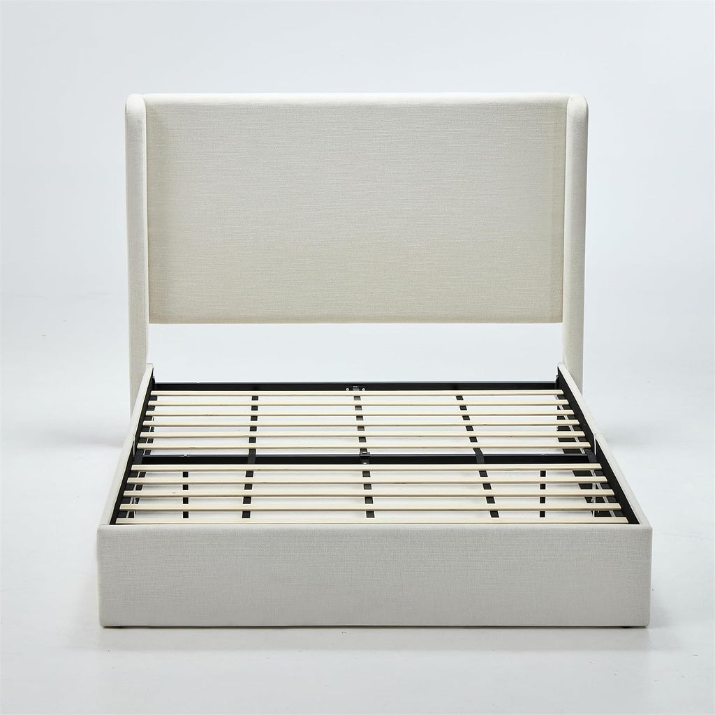 California King Textured Canvas Chenille Bed Frame with 54' Tall Headboard - Ivory Carmen Wingback Upholstered Platform Bed Elegant Simplicity Bedroom Strong Wood Slats Support No Box Spring Needed