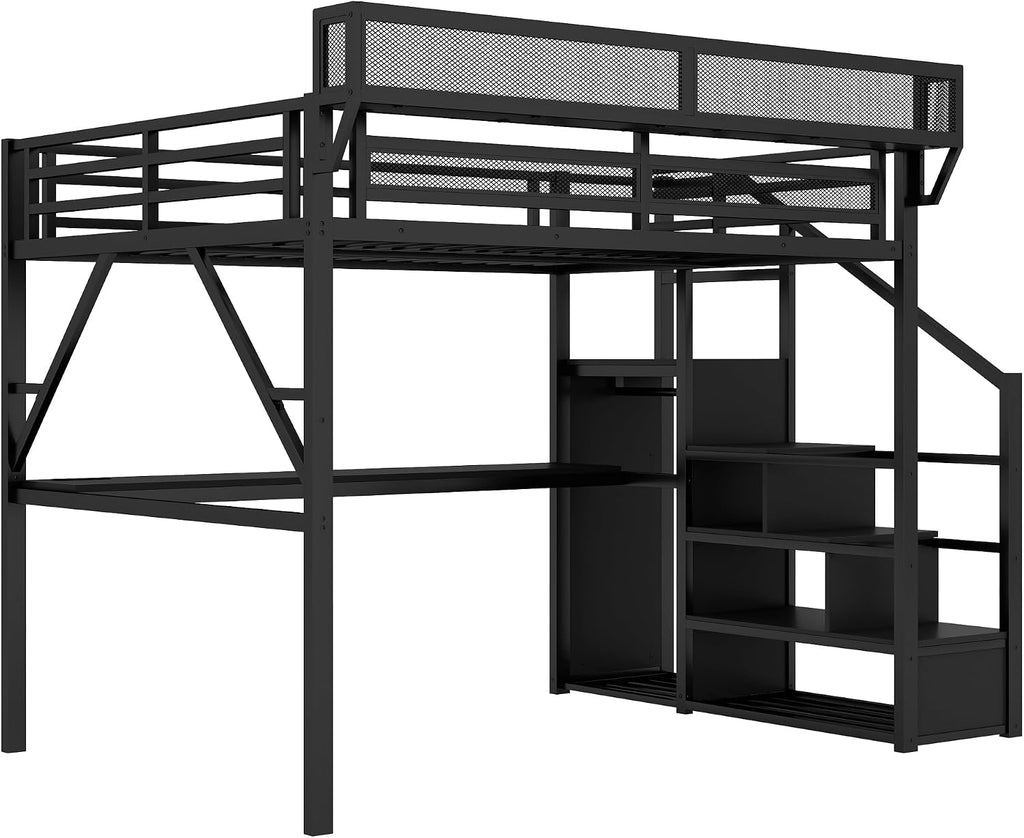 Mirightone Full Size Loft Bed with Desk and Light, Metal Loft Bed Frame with Stairs and Bedside Shelf, Tall Lofts Beds with Storage Shelves and Wardrobe for Kids Teens, Black