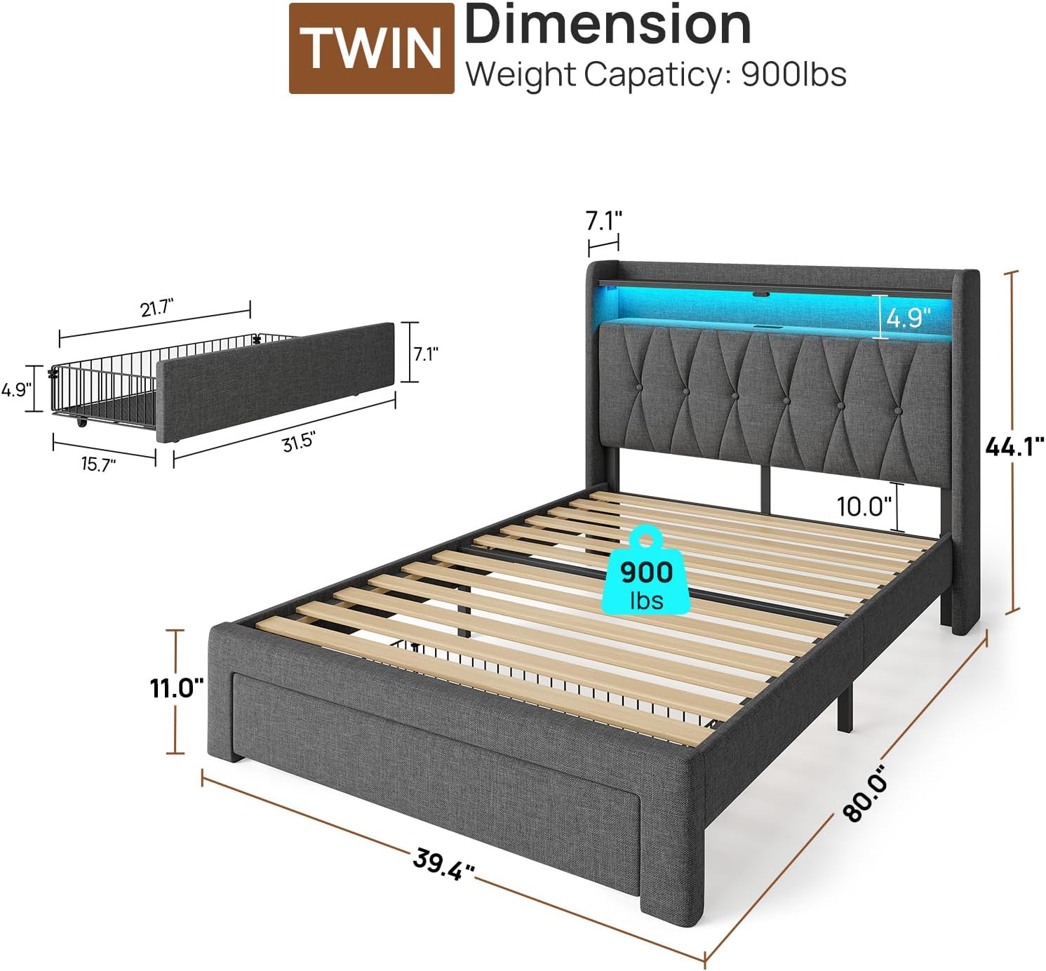 Rolanstar Twin Bed Frame with Drawer, Storage Headboard with Charging Station and LED Lights, Upholstered Bed with Heavy Duty Wood Slats, No Box Spring Needed, Noise Free, Easy Assembly, Dark Grey
