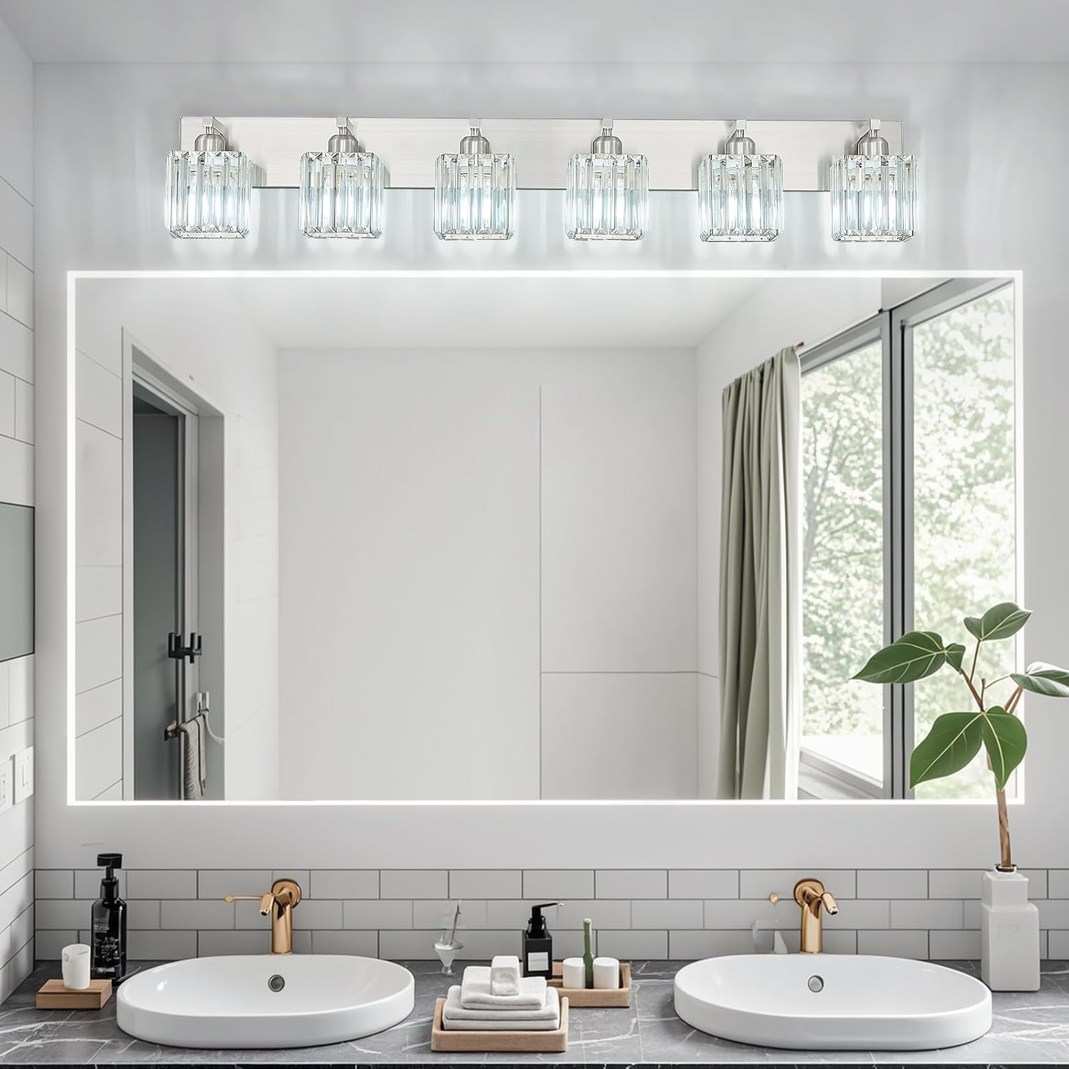 Modern Vanity Light 6-Lights Brushed Nickel Vanity Light Crystal Bathroom Wall Light Bathroom Light Fixtures