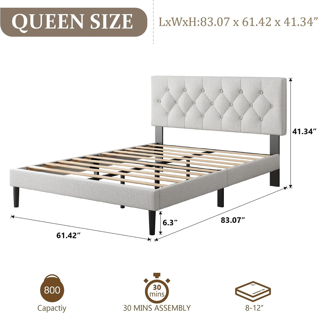 CXVX Queen Size Platform Bed Frame with Upholstered Headboard, Button Tufted Design, Strong Wooden Slats, No Box Spring Needed, Easy Assembly, Noise Free