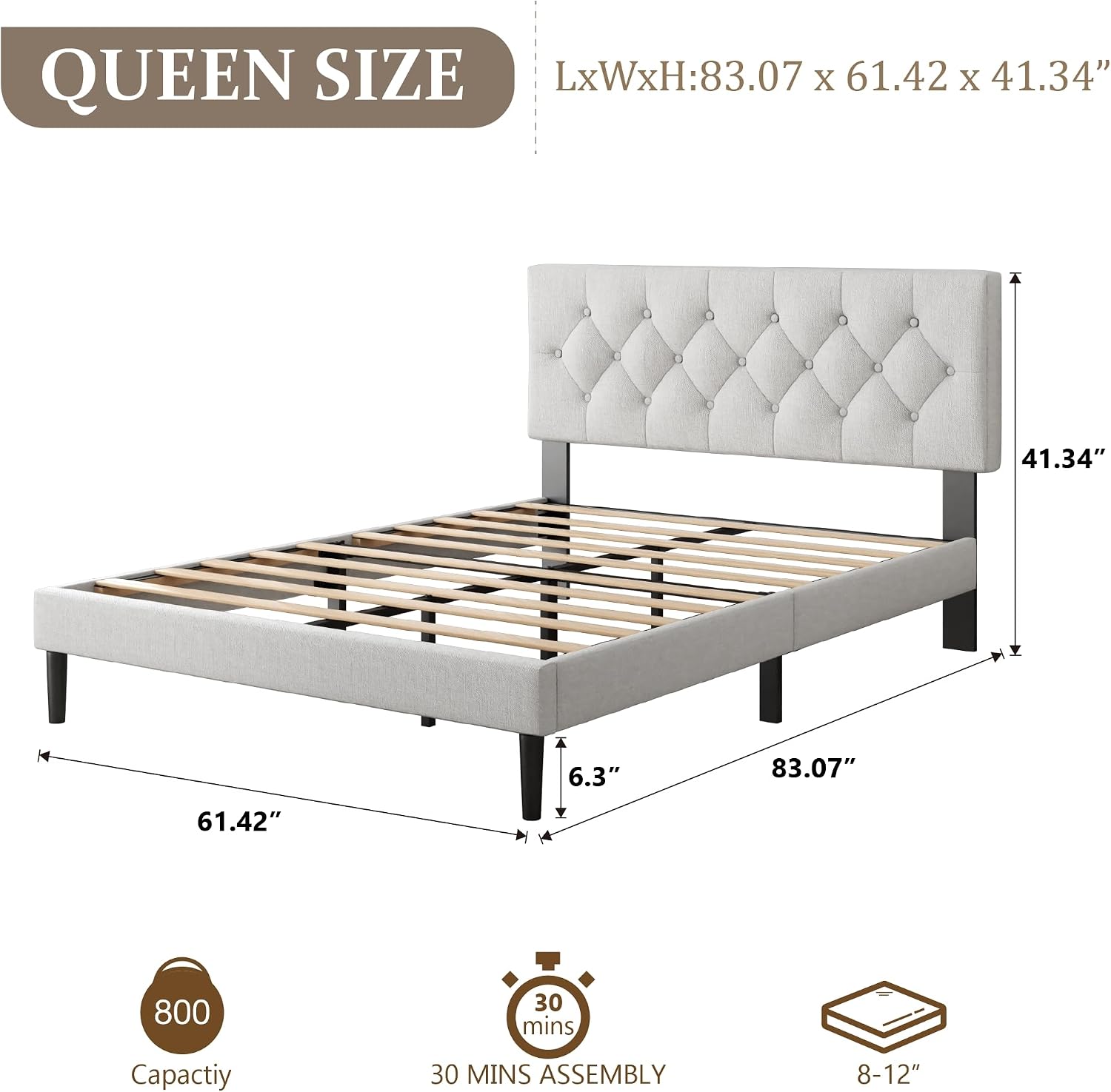 CXVX Queen Size Platform Bed Frame with Upholstered Headboard, Button Tufted Design, Strong Wooden Slats, No Box Spring Needed, Easy Assembly, Noise Free