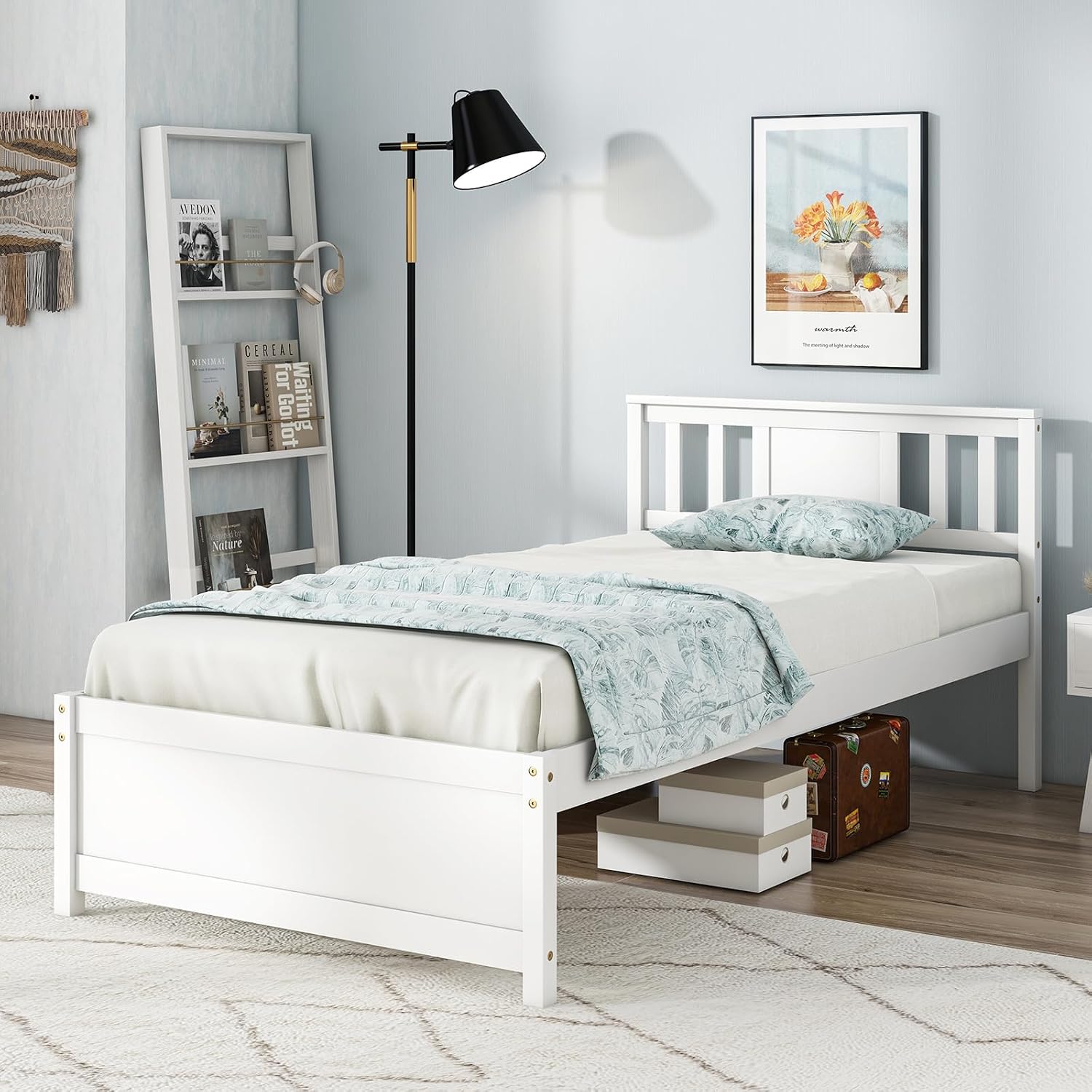 Giantex Wood Twin Bed Frames with Headboard, Mid Century Solid Wood Platform Bed with Wood Slat Support, Single Panel Bed, No Box Spring Needed, Twin Bed Frames for Kids, White