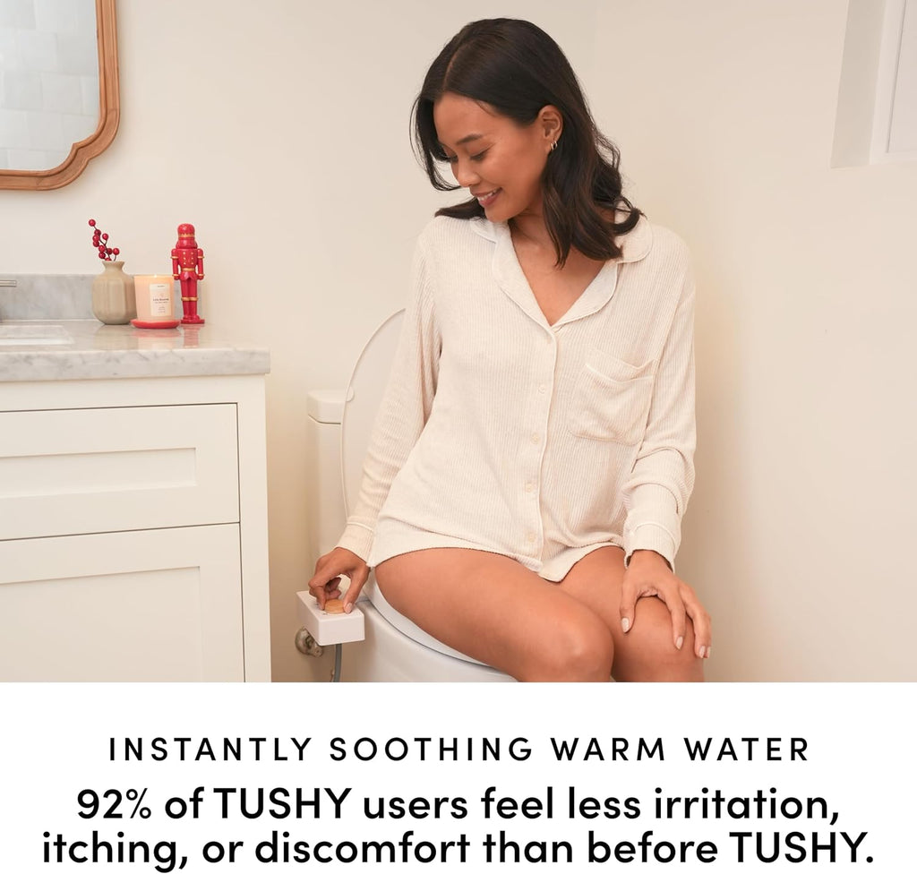 TUSHY Spa Self-Cleaning Warm Water Toilet Bidet Attachment. Adjustable Nozzle, Angle & Pressure. Easy DIY Home Install, Requires Sink Access for Optional Warm Water Control. (Biscuit/Brushed Nickel)