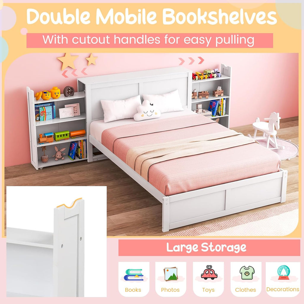 Giantex Full Size Bed Frame with Twin Trundle, Wooden Storage Platform Bed with 2 Rolling Bookcases & Headboard, Full Bed Frames for Kids, No Box Spring Needed, White
