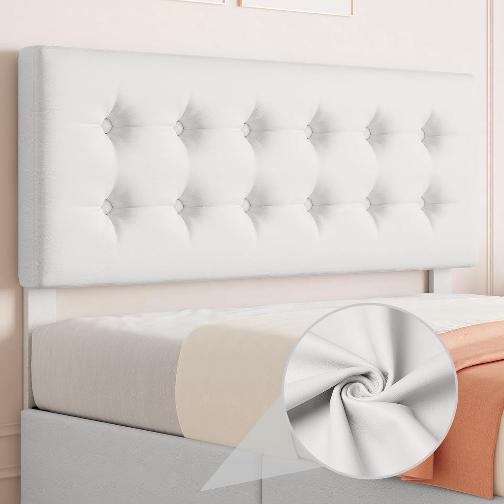 IDEALHOUSE Queen Size Bed Frame with 4 Storage Drawers and Headboard, Faux Leather Upholstered Platform Bed Frame with Wooden Slats Support, Button Tufted Design, No Box Spring Needed, White