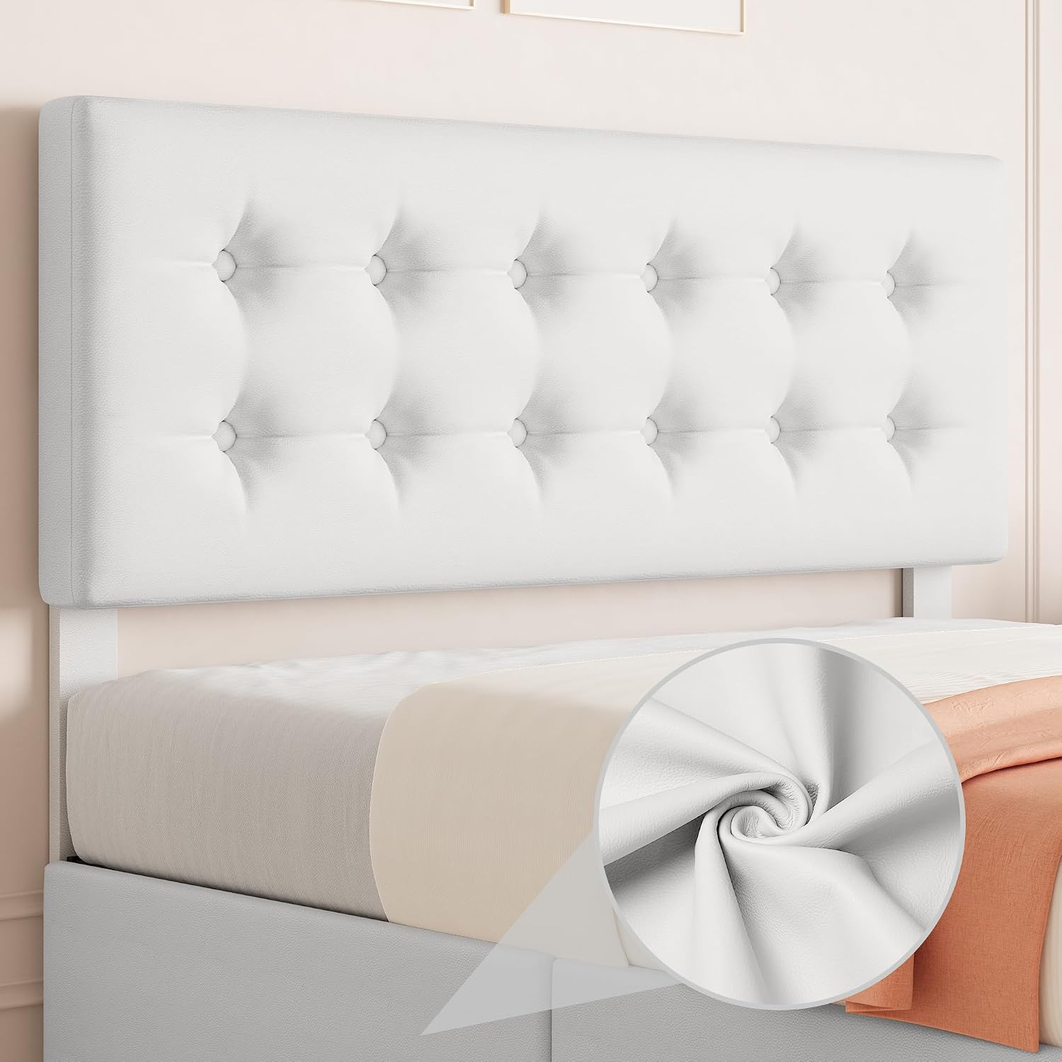 IDEALHOUSE Queen Size Bed Frame with 4 Storage Drawers and Headboard, Faux Leather Upholstered Platform Bed Frame with Wooden Slats Support, Button Tufted Design, No Box Spring Needed, White