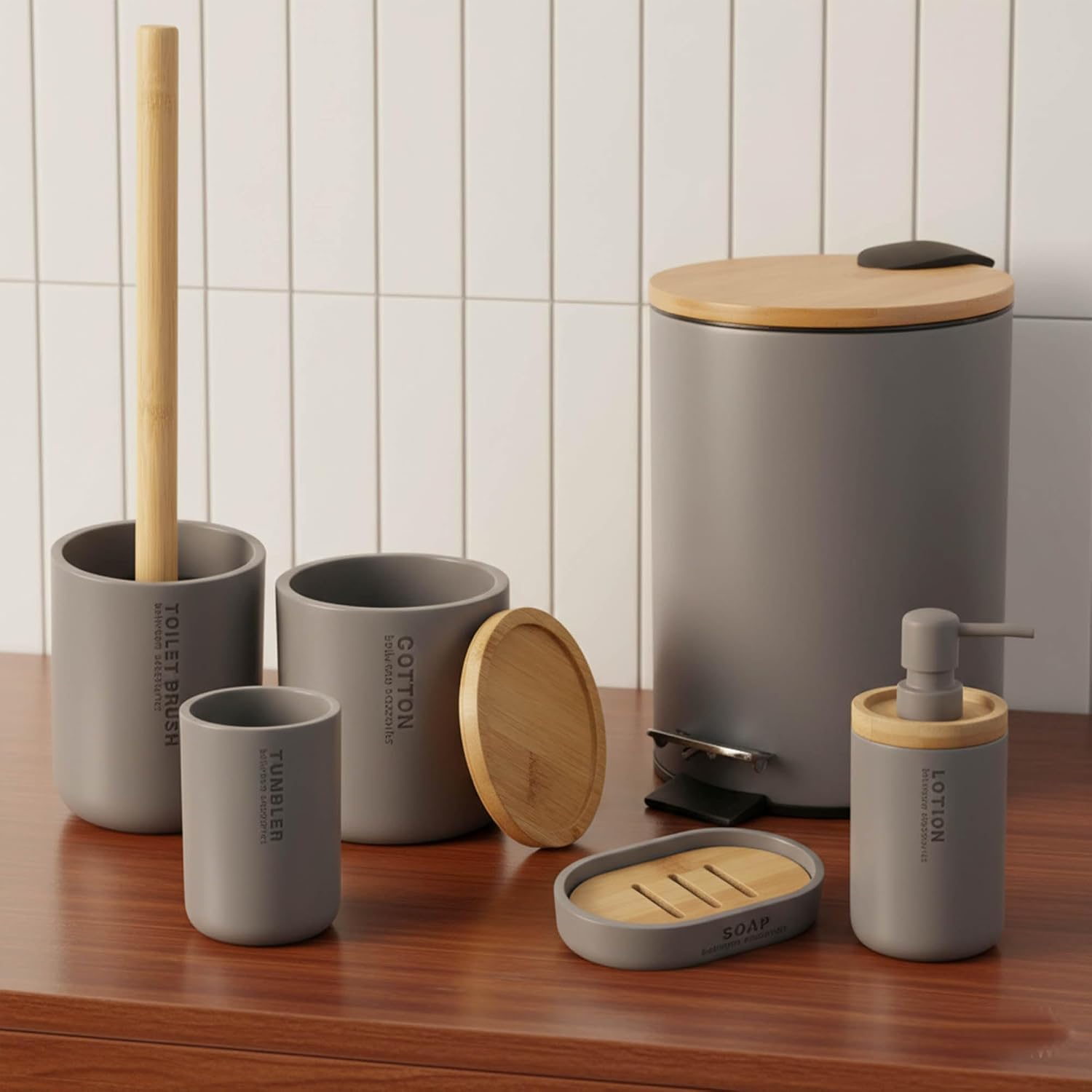 Matte Gray Bathroom Accessories with Natural Accents, Modern 6-Piece Set - Includes Soap Dispenser, Toothbrush Cup, Toilet Brush Holder, Cotton Box, Soap Dish and Pedal Trash Can