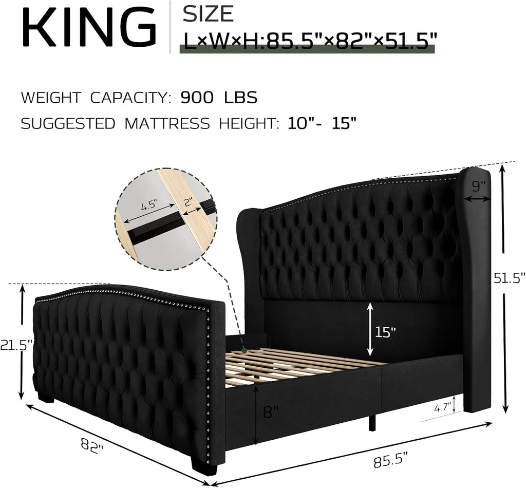 LUXOAK King Platform Bed Frame with Wingback Headboard, Velvet Upholstered Bed Frame with Handmade Button Tufted & Nailhead, Wooden Slats Support, Black