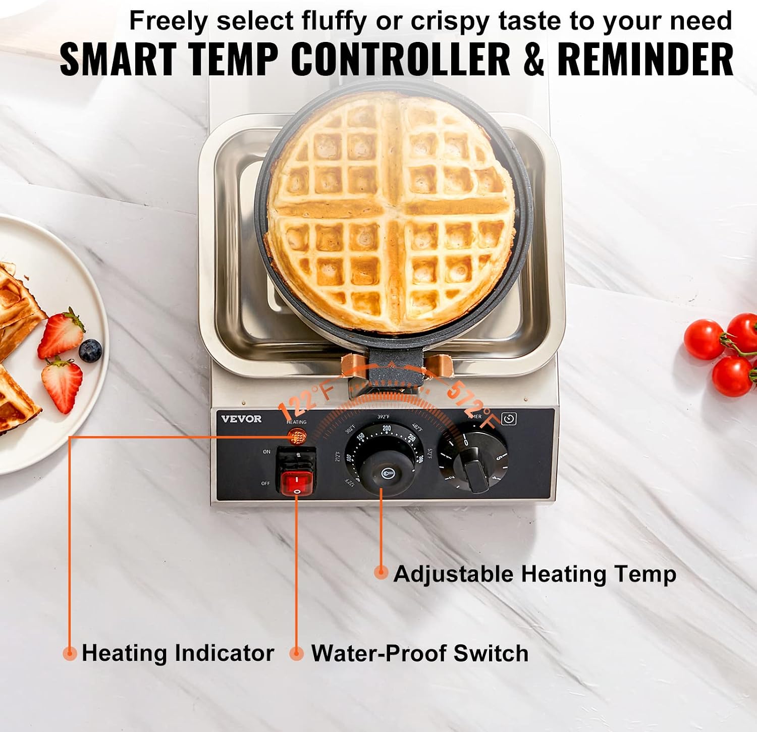 VEVOR Commercial Waffle Maker, 1300W Round Waffle Iron, Non-Stick Rotatable Waffle Baker Machine With 122-572℉ Temp Range and Time Control, Teflon-Coated Baking Pan Stainless Steel Body 110V