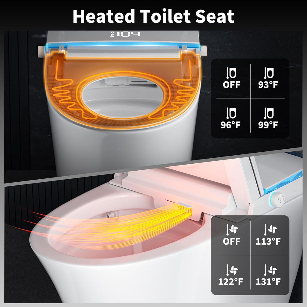 Smart Toilet with Bidet Built in, Tank Built in with Powerful Flush, Heated Seat, Auto Flush and Close, Warm Water, Air Dryer, Night Light and ADA Comfort Height for Bathroom
