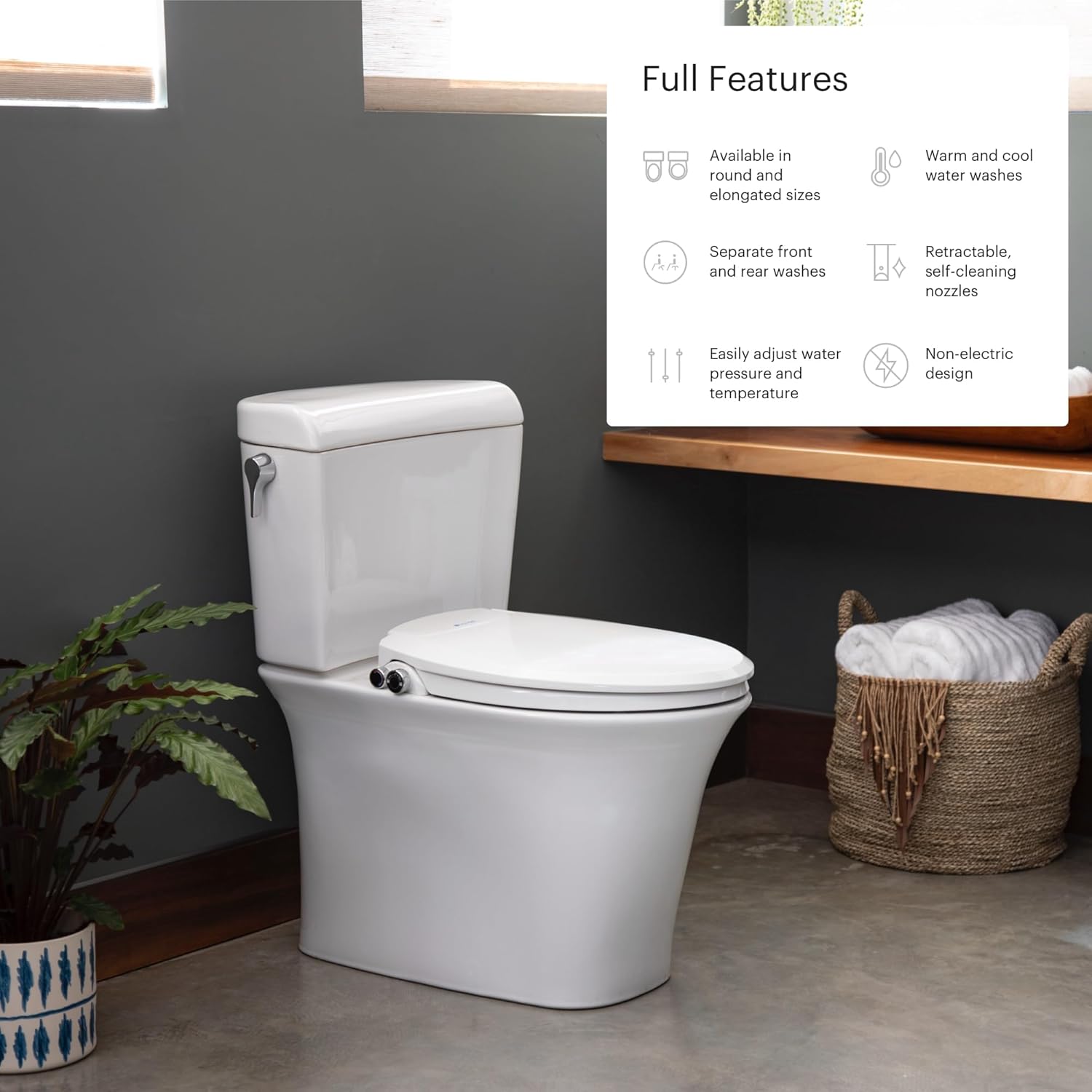 Brondell Swash Bidet Toilet Seat, Non-Electric, Dual Temperature, Fits Round Toilets, White – Dual Nozzle System – with Easy Installation