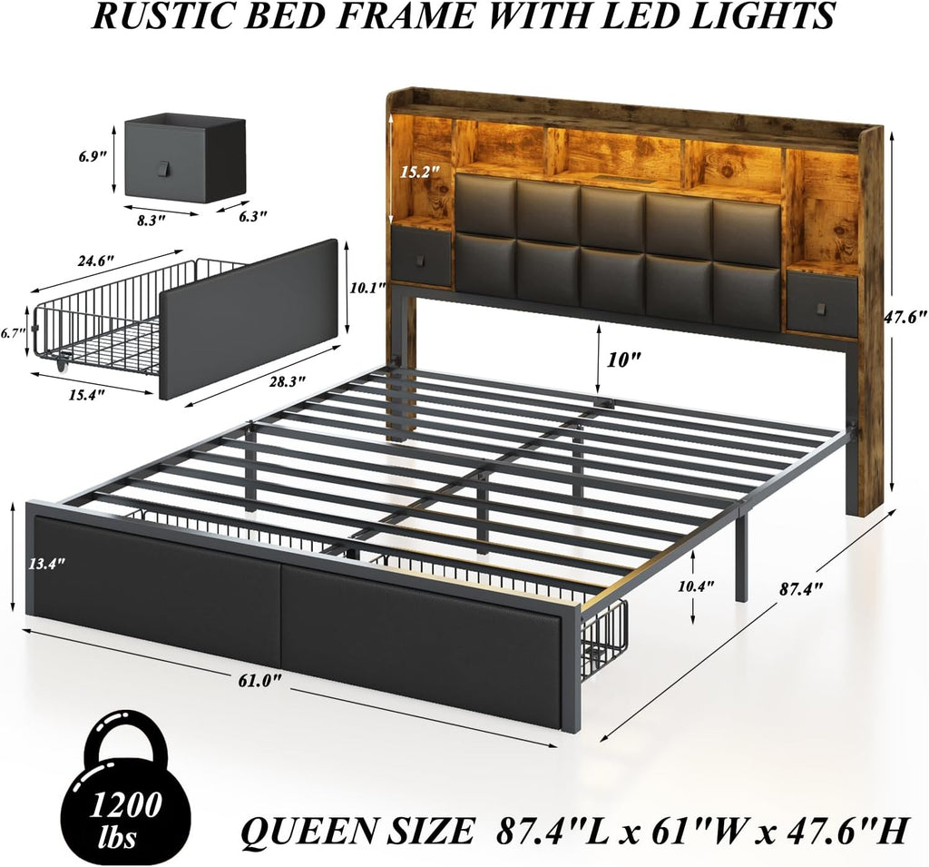 TIGUBFRE LED Bed Frame Queen Size with 2 Hidden Storage Drawers & Bookcase, PU Leather Headboard, Upholstered Platform Bed with Charging Station, Metal Slats Support, Noise Free, No Box Spring Needed