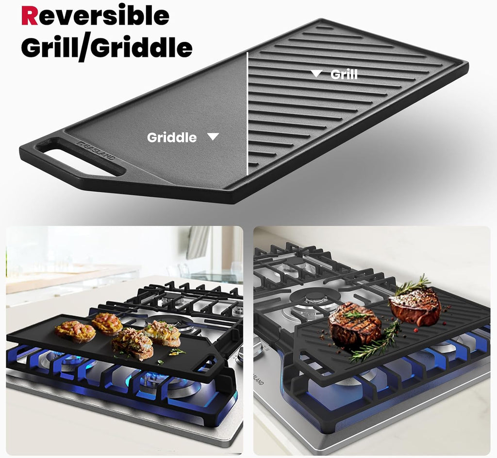 GASLAND 36 Inch Gas Cooktop, PRO GH3365SF 5 Burner Gas Stovetop with Reversible Cast Iron Grill/Griddle, Plug-in, NG/LPG Convertible Cooktops, Stainless Steel