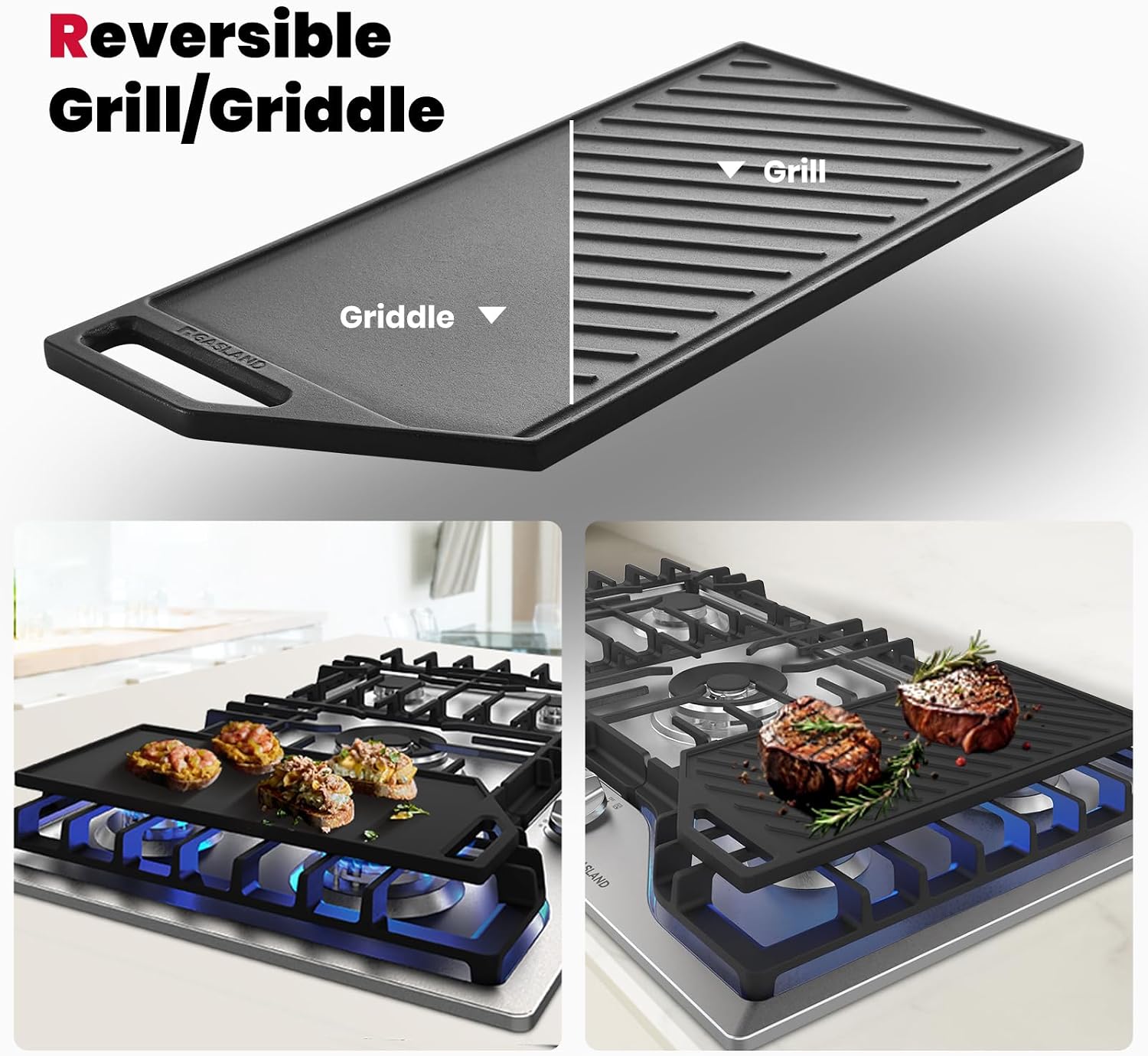 GASLAND 36 Inch Gas Cooktop, PRO GH3365SF 5 Burner Gas Stovetop with Reversible Cast Iron Grill/Griddle, Plug-in, NG/LPG Convertible Cooktops, Stainless Steel