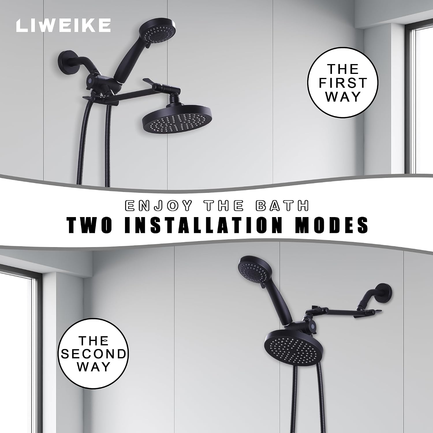 LIWEIKE 3 Handle Tub Shower Faucet Set Matte Black Three Knob Shower Faucet with Tub Spout and Adjustable Extension Shower Arm Roug-in Valve