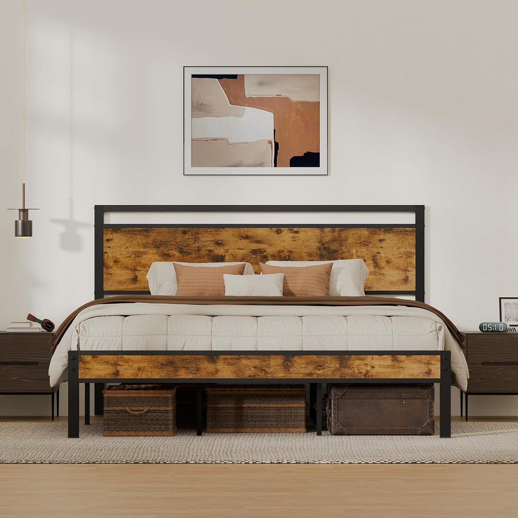 King Metal Bed Frame with Wooden Headboard and Footboard, Heavy Duty Platform Frame with Metal Slats, No Box Spring Needed, Quiet and Non-Slip Design, Space Saving Bed Frame for Bedroom, Vintage Brown