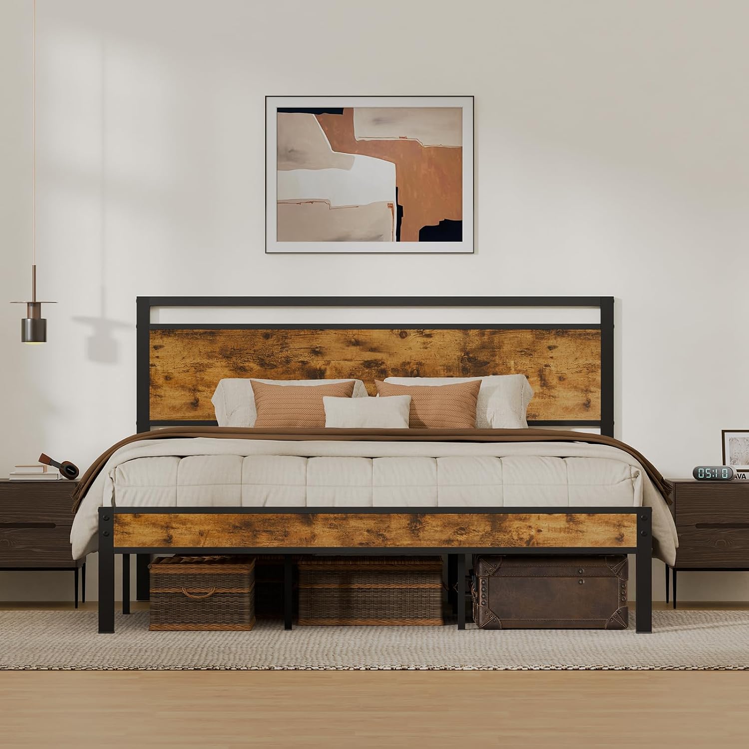 King Metal Bed Frame with Wooden Headboard and Footboard, Heavy Duty Platform Frame with Metal Slats, No Box Spring Needed, Quiet and Non-Slip Design, Space Saving Bed Frame for Bedroom, Vintage Brown