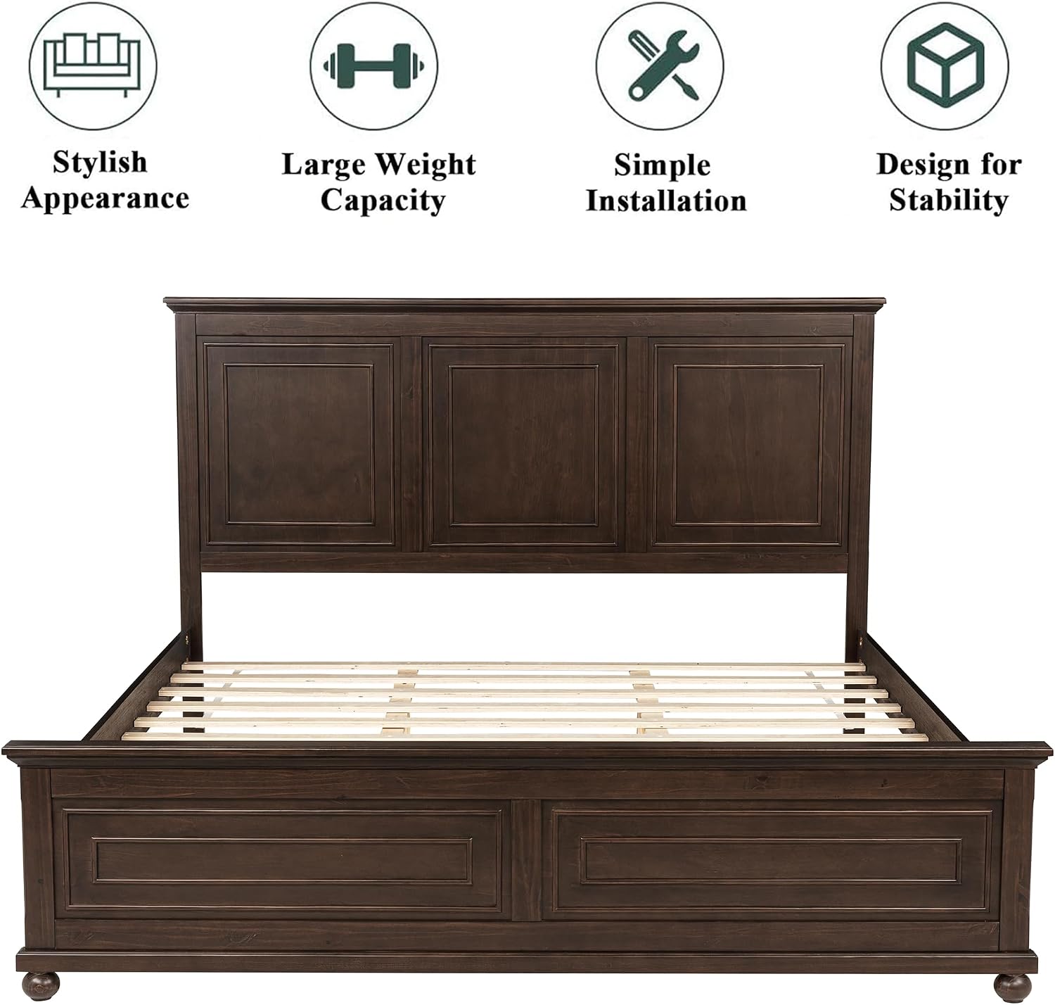 Mirightone King Size Platform Bed with Tall Headboard & Footboard, Pinewood King Bed Frame with Wood Panel Bed Base, No Squeak, No Box Spring Needed, Traditional Style, Brown