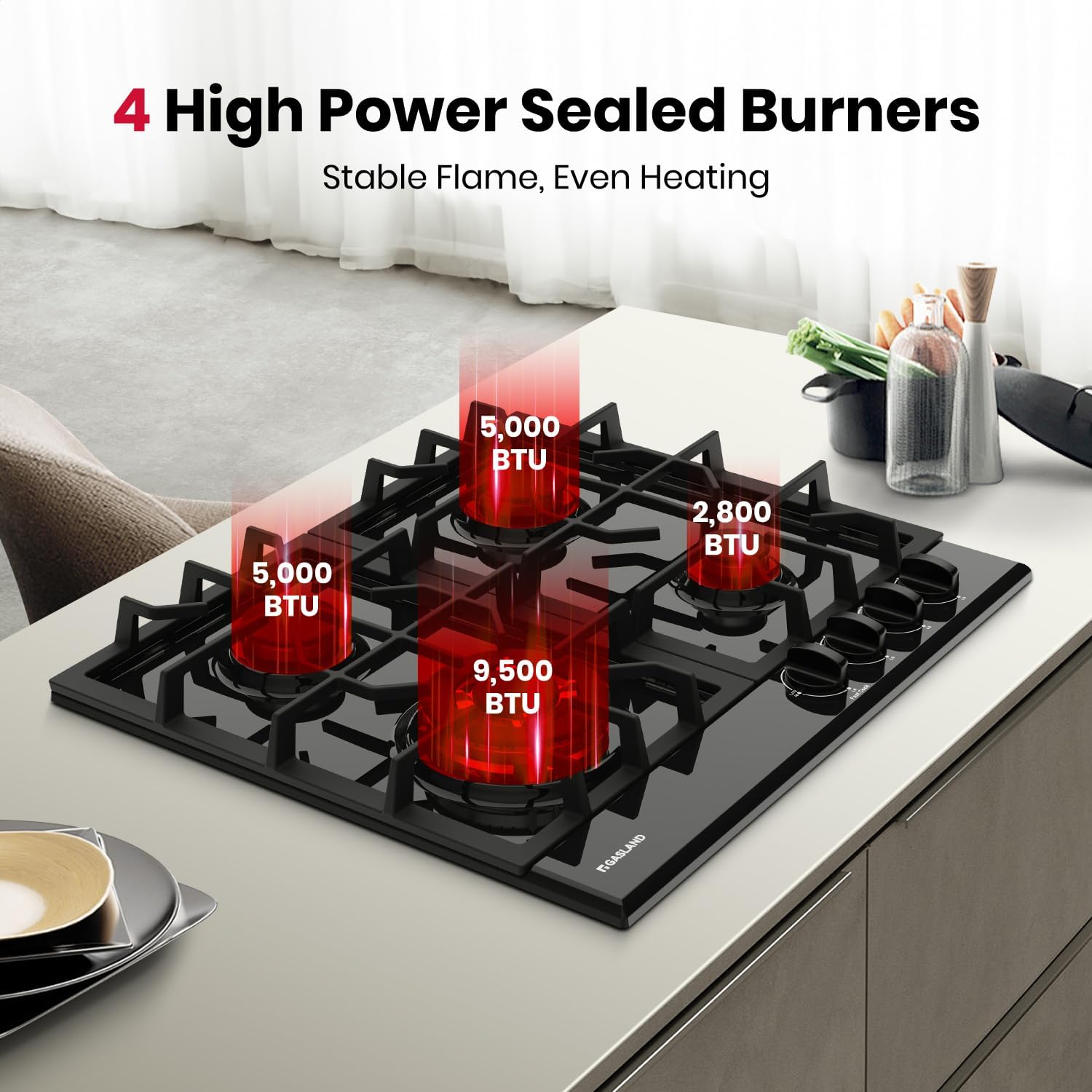GASLAND 24 Inch Gas Cooktop with Griddle 4 Burners, GH60EF Drop-in Propane Stove Top with Thermocouple Protection, LPG/NG Convertible Dual Fuel Natural Gas Hob, Black