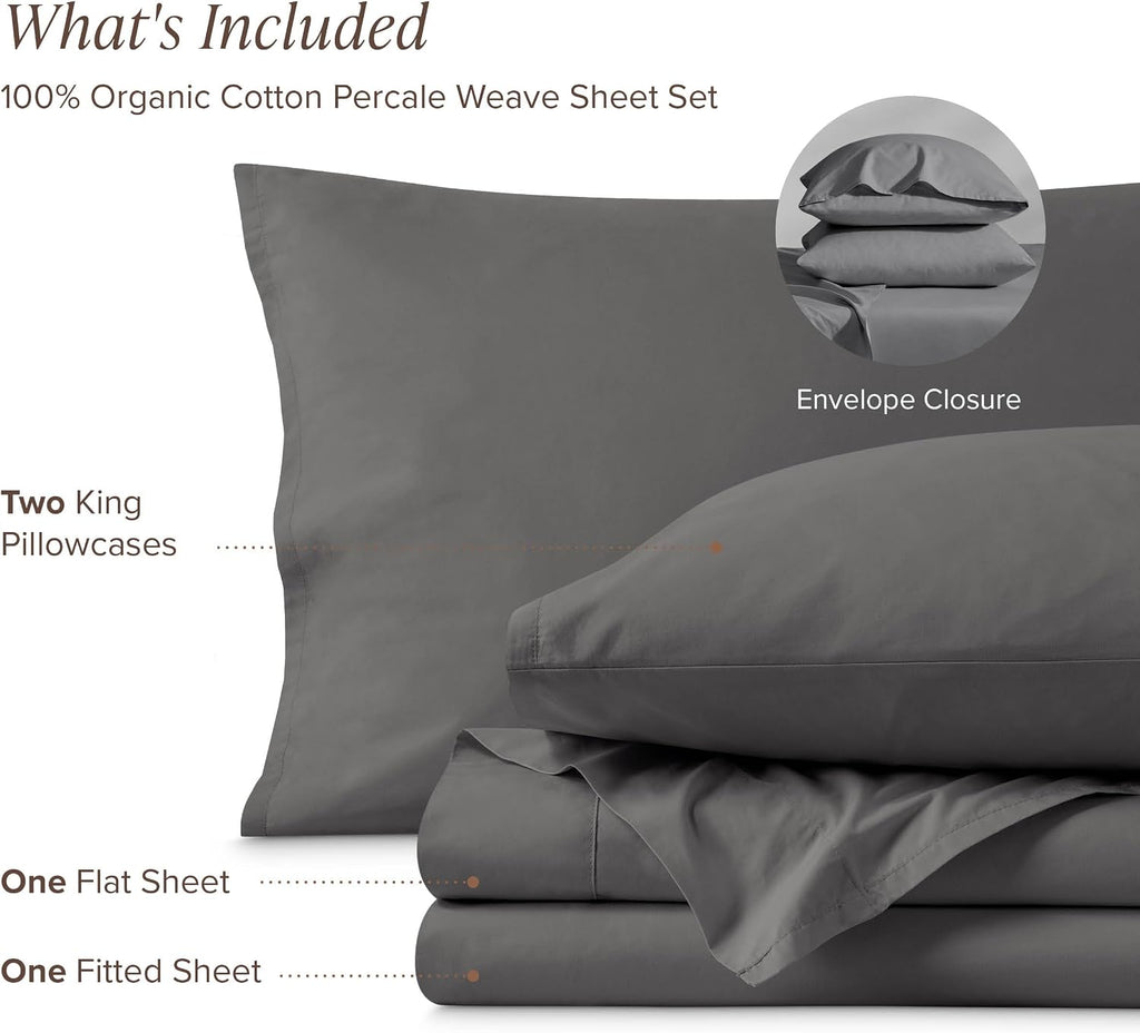 Bare Home 100% Organic Cotton Split Head Flex King Sheet Set - Crisp Percale Weave - Lightweight & Breathable - Bedding Sheets & Pillowcases (Split Head Flex King, Grey)