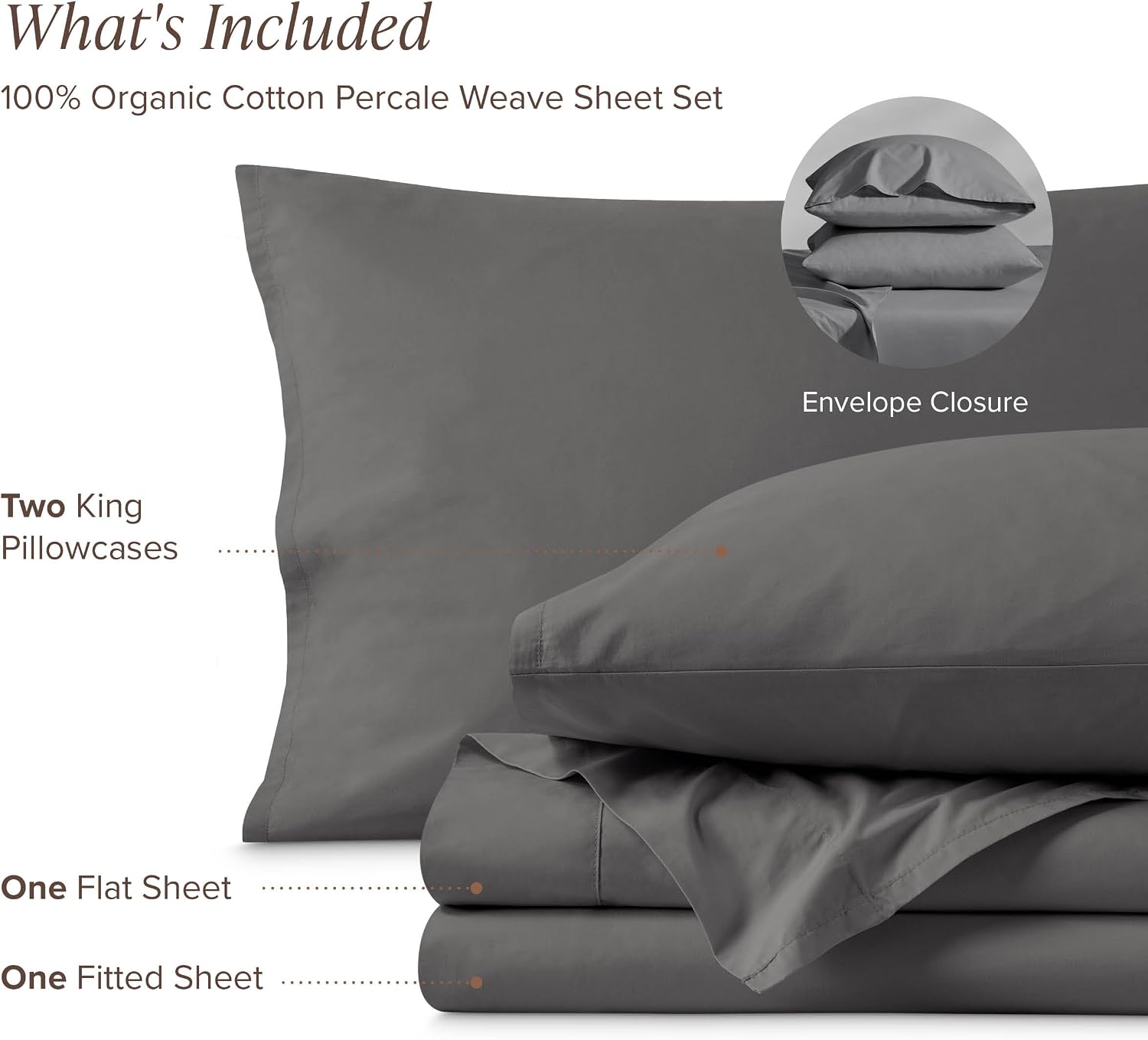 Bare Home 100% Organic Cotton Split Head Flex King Sheet Set - Crisp Percale Weave - Lightweight & Breathable - Bedding Sheets & Pillowcases (Split Head Flex King, Grey)
