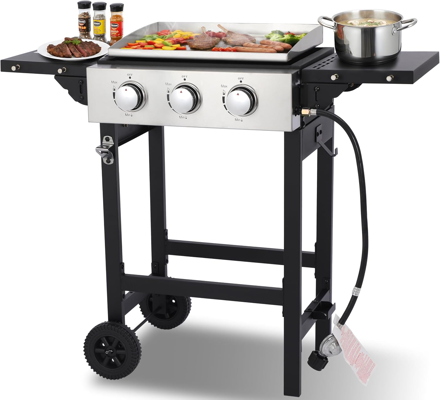 3 Burner Propane Flat Top Grill, 18 Inch Stainless Steel Griddle with Detachable Tabletop & Cart, BBQ Cooker with Side Shelf & 2 Wheels, 28,650 BTU, Dust Cover & Hose for Camping Tailgating