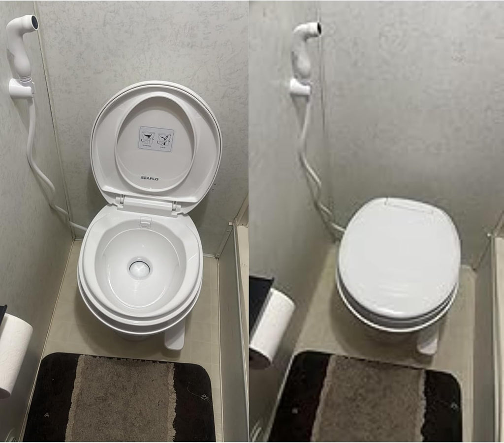 SEAFLO RV Toilet with Sprayer Attachment - White, 18.4' Residential Height, Gravity Flush Foot Pedal Camper Toilet Soft Close Seat Elongated Bowl Motorhome, 4-Year Warranty, SFRTPH-01-02