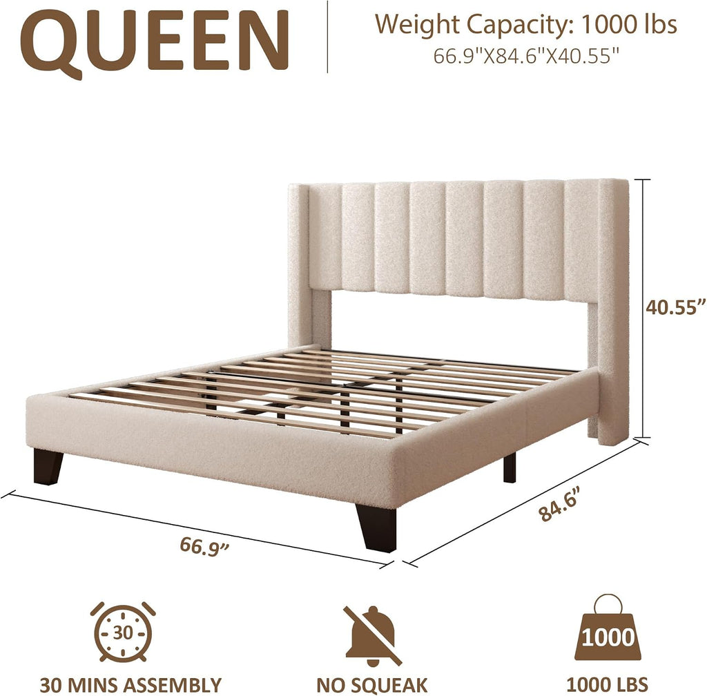 Queen Bed Frame with Headboard Upholstered Platform Bed Frame with Teddy Velvet Headboard, Wooden Slats Support/Wing Edge Design/No Box Spring Needed/Easy Assembly, Camle