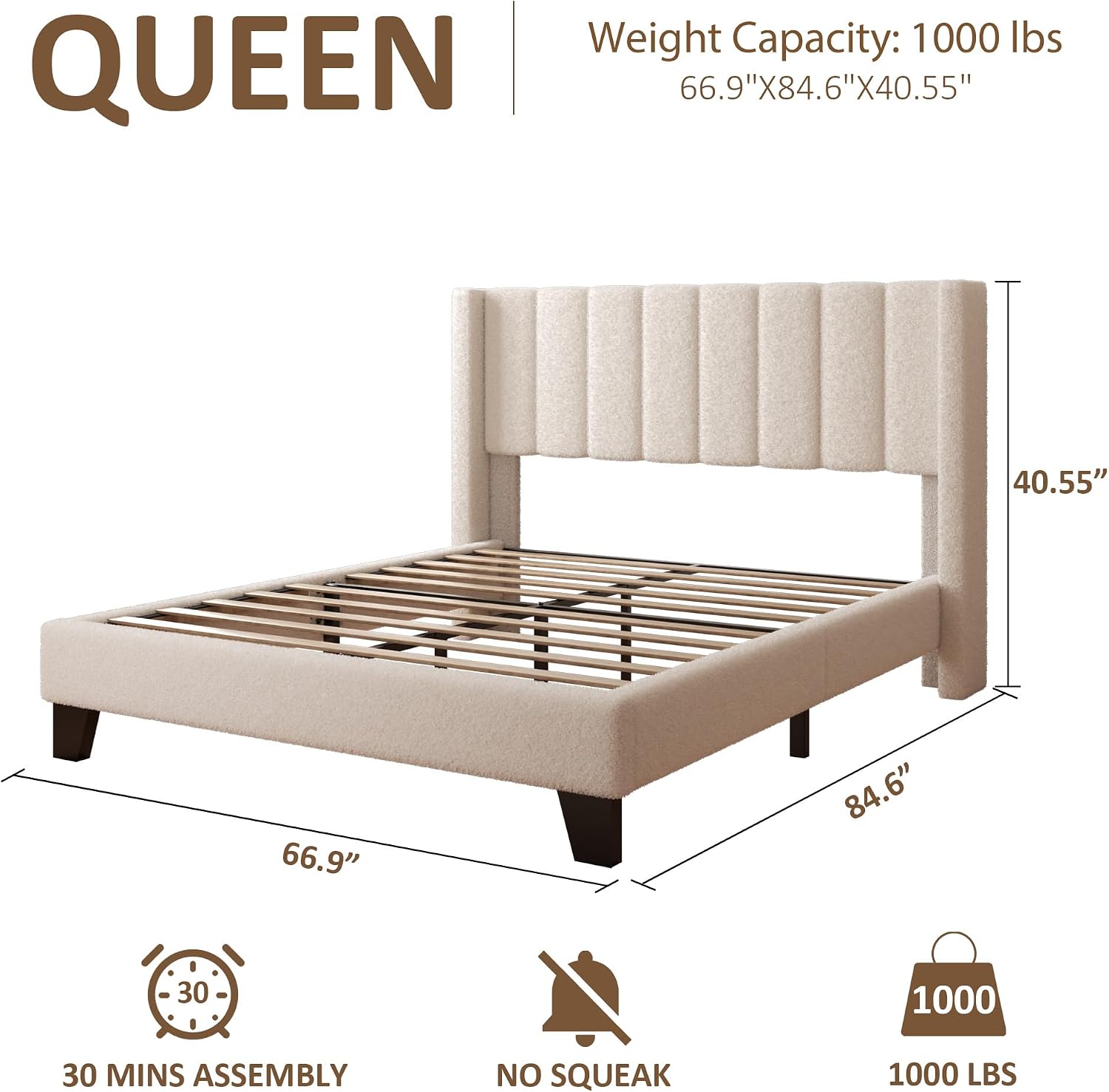 Queen Bed Frame with Headboard Upholstered Platform Bed Frame with Teddy Velvet Headboard, Wooden Slats Support/Wing Edge Design/No Box Spring Needed/Easy Assembly, Camle
