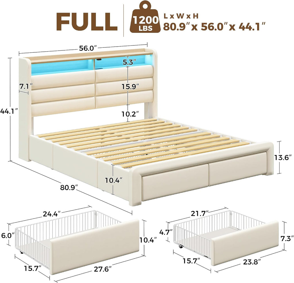 Seventable Full Bed Frame with Storage Drawers & Charging Station, Upholstered Platform Bed with LED Light and Storage Headboard, No Box Spring Needed, Noise Free, Easy Assembly, Biege