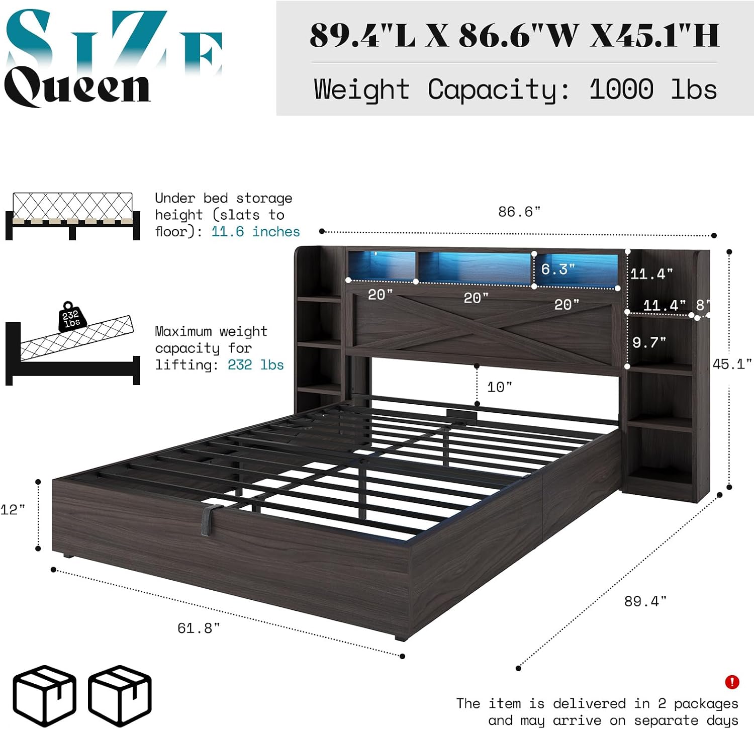 AMERLIFE Queen Size Lift Up Storage Bed Frame, 45.1' LED Bed Frame with 2 Side Shelves & Bookcase Headboard, Farmhouse Wood Platform Bed with Charging Station, No Box Spring Needed, Black