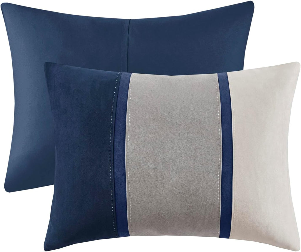Madison Park Palisades Comforter Set Modern Faux Suede Pieced Stripe Design, All Season Down Alternative Cozy Bedding with Matching Shams, Decorative Pillows, King(104'x92'), Blue 7 Piece