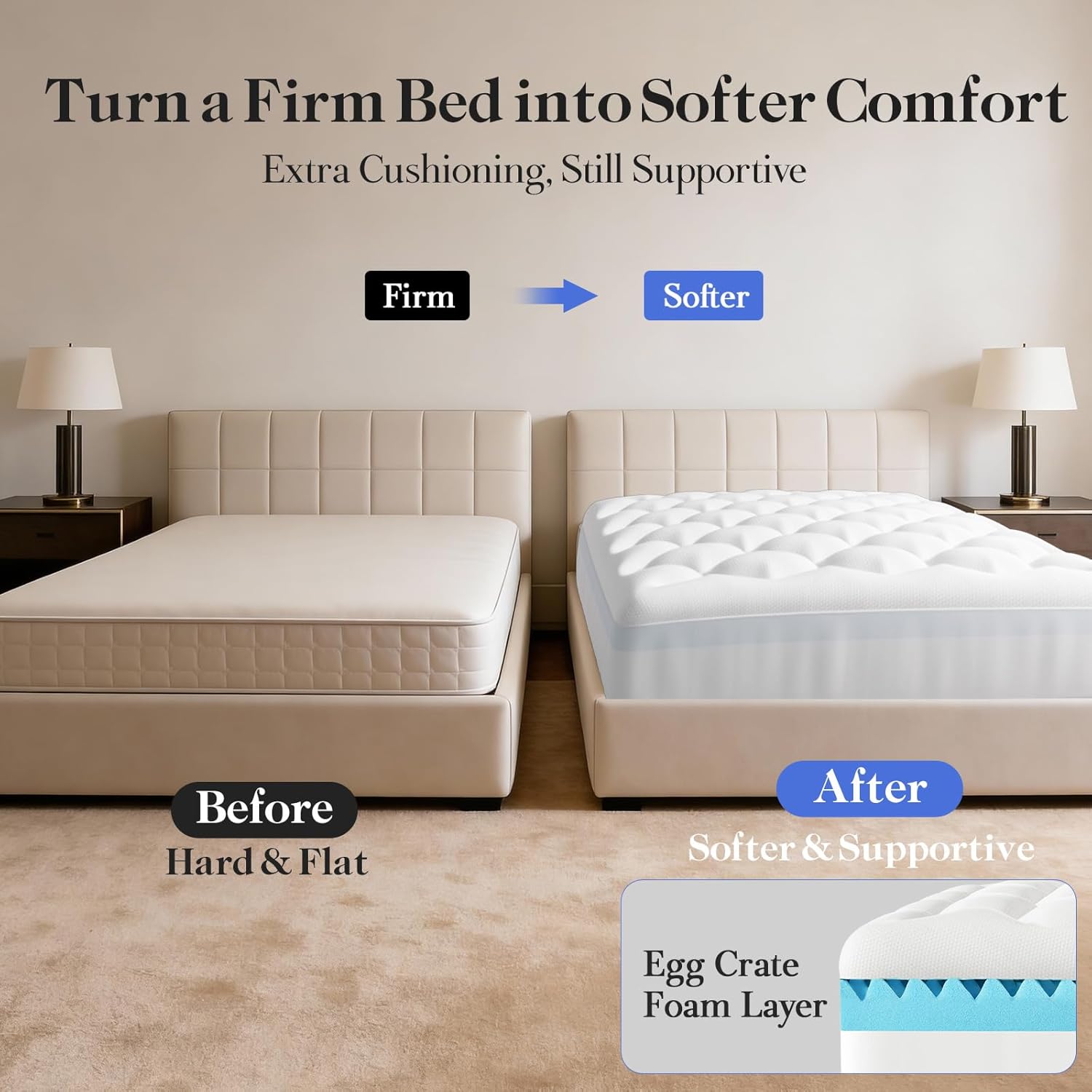 OhGeni Cooling 5 lnch Queen Size Dual Layer Mattress Topper, 3 Inch Egg Crate Gel Memory Foam, 2 Inch Pillow Top Pad, Bedroom Essentials Mattresses Cover, Extra Comfortable Sleep and Back Pain Relief