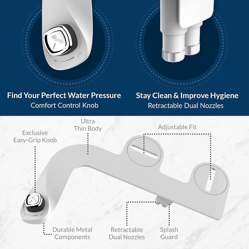 Bio Bidet SlimEdge 2 Pack Bidet Attachment for Toilet, Non Electric, Self Cleaning Dual Nozzles for Front and Rear Cold Water Wash, Adjustable Water Pressure, Ultra Thin Design, White